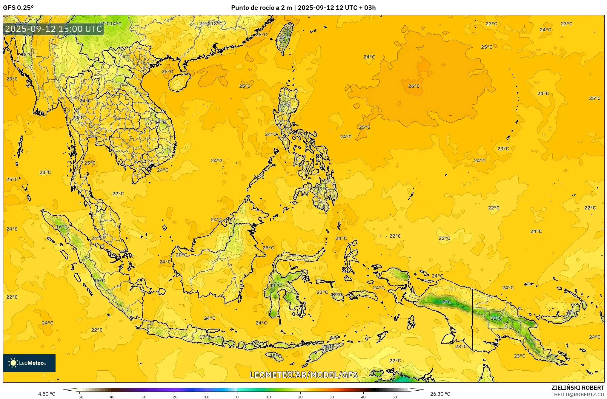GFS model - Sudeste Asiático, Punto de rocío a 2 m