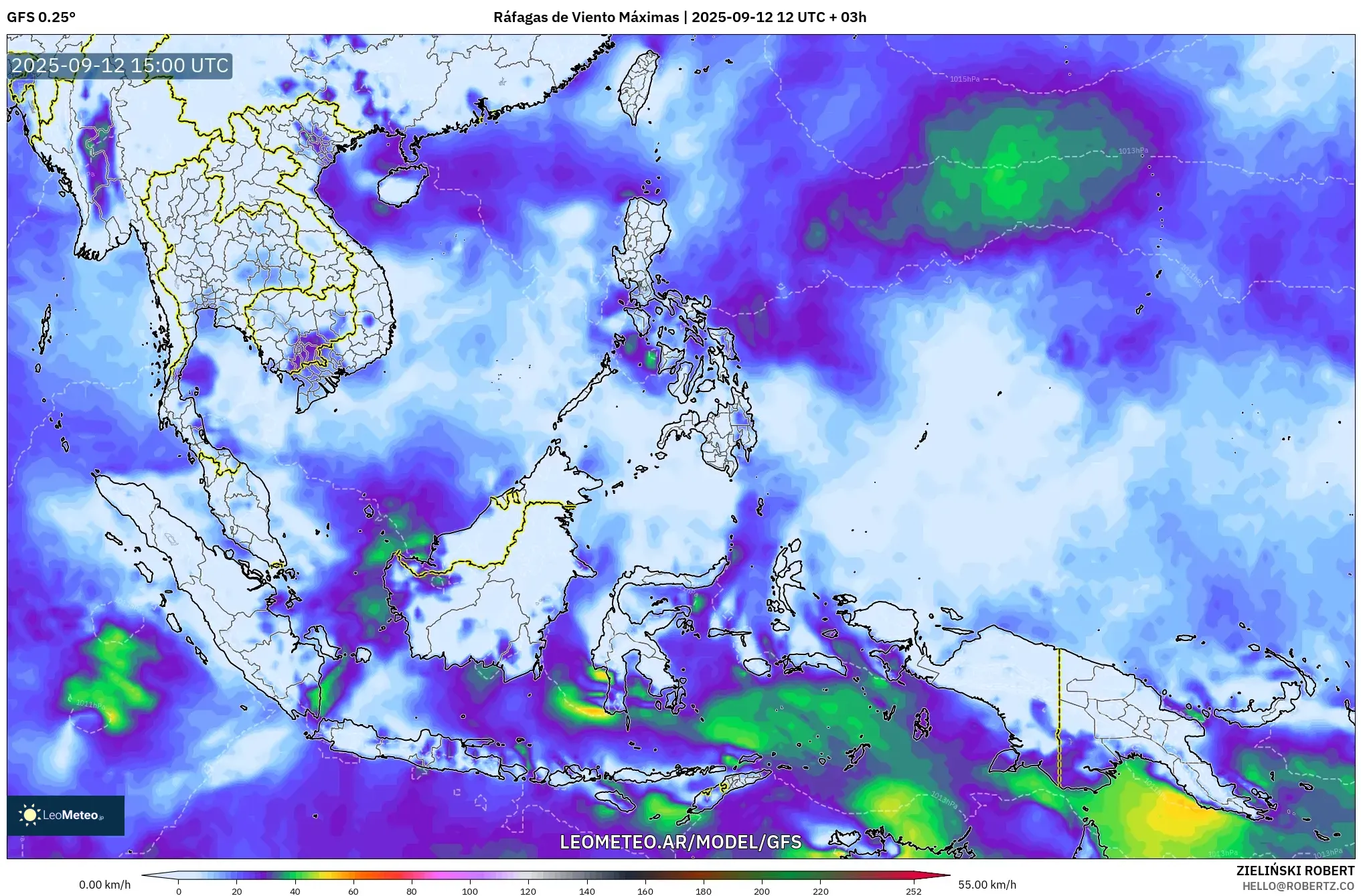 GFS model - Sudeste Asiático, Ráfagas de Viento Máximas GFS model - Sudeste Asiático, Ráfagas de Viento Máximas