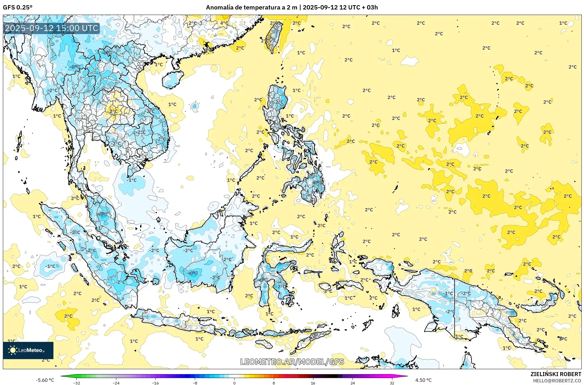 GFS model - Sudeste Asiático, Anomalía de temperatura a 2 m
