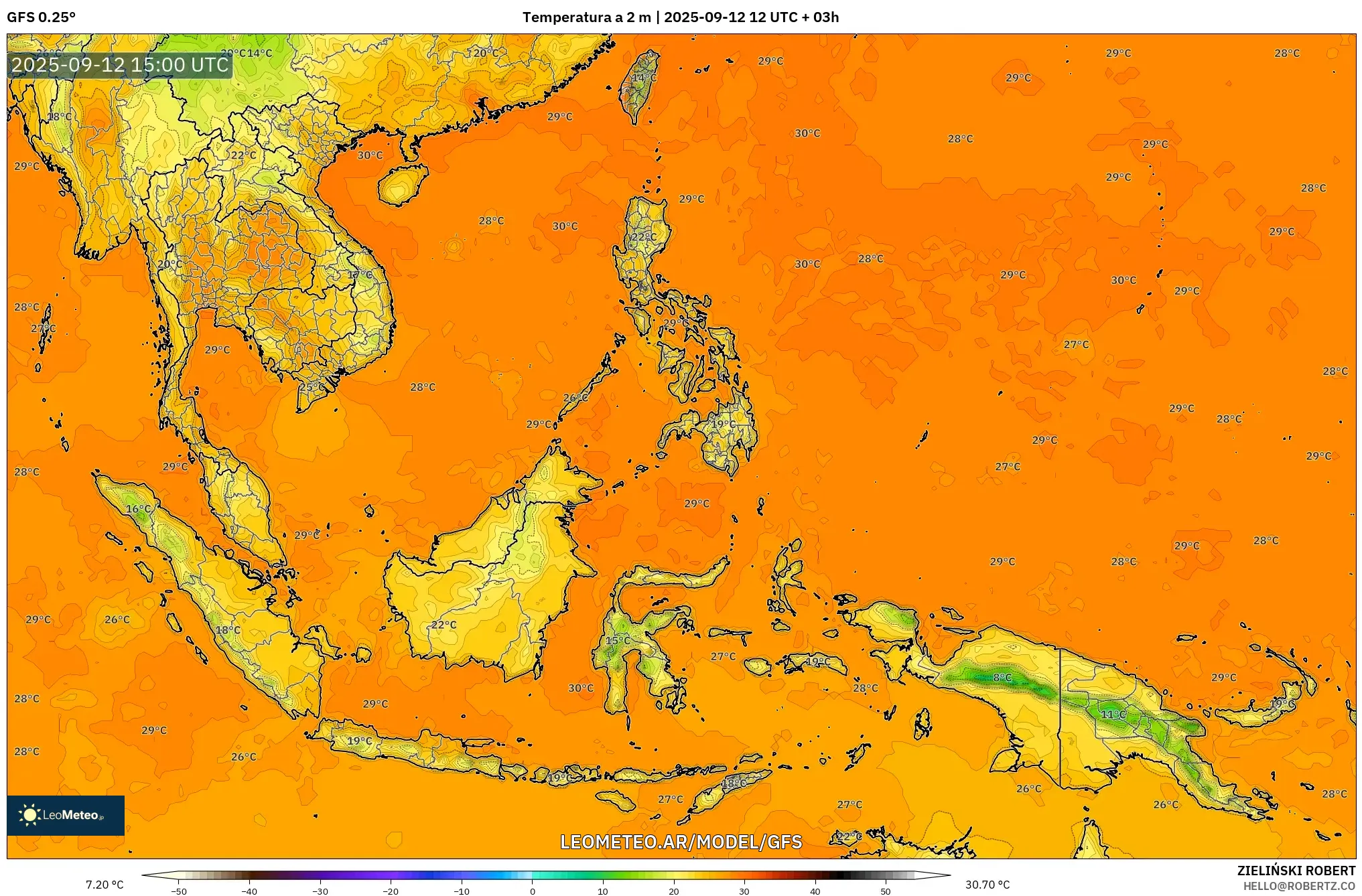 GFS model - Sudeste Asiático, Temperatura a 2 m