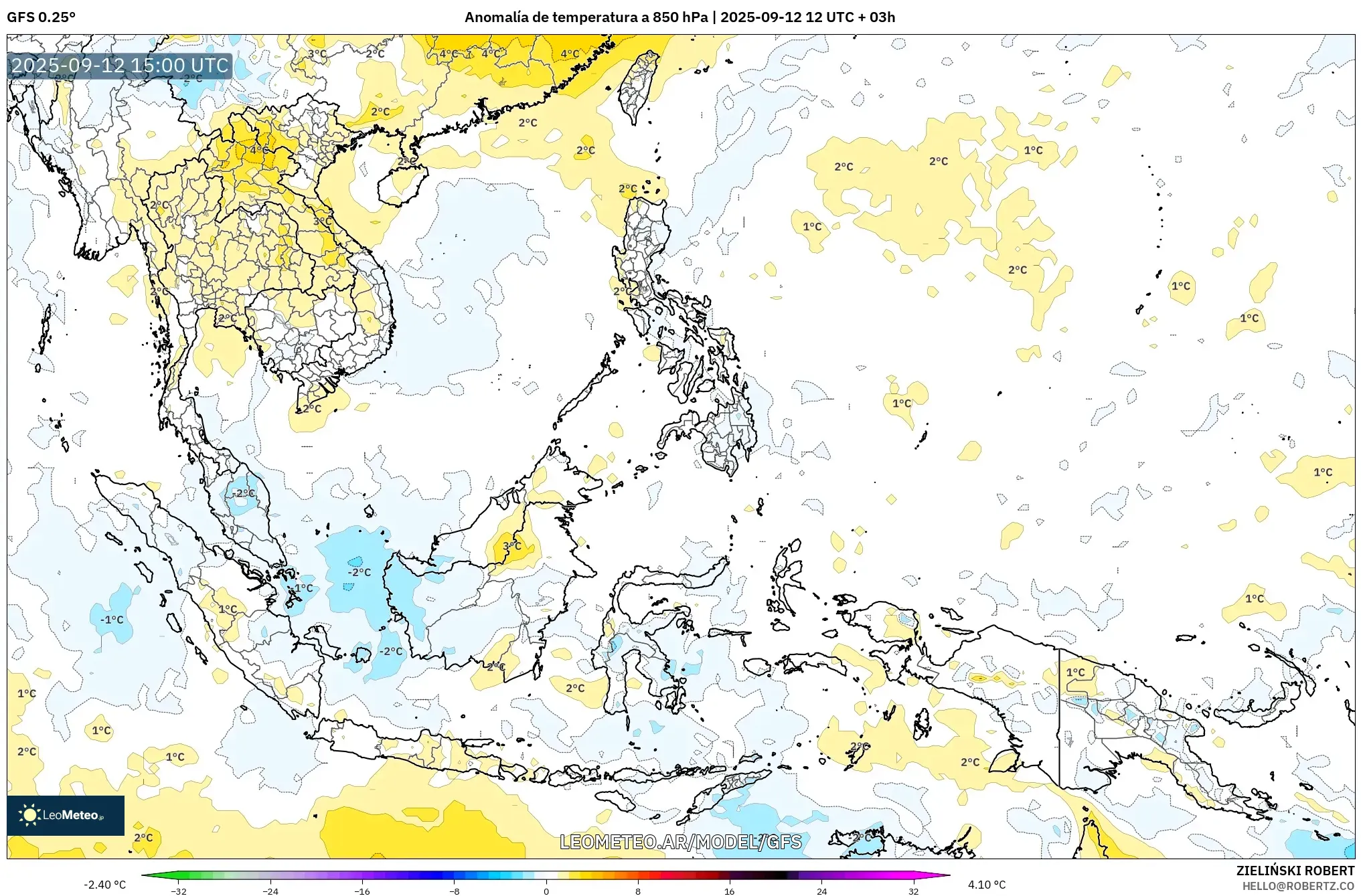 GFS model - Sudeste Asiático, Anomalía de temperatura a 850 hPa GFS model - Sudeste Asiático, Anomalía de temperatura a 850 hPa