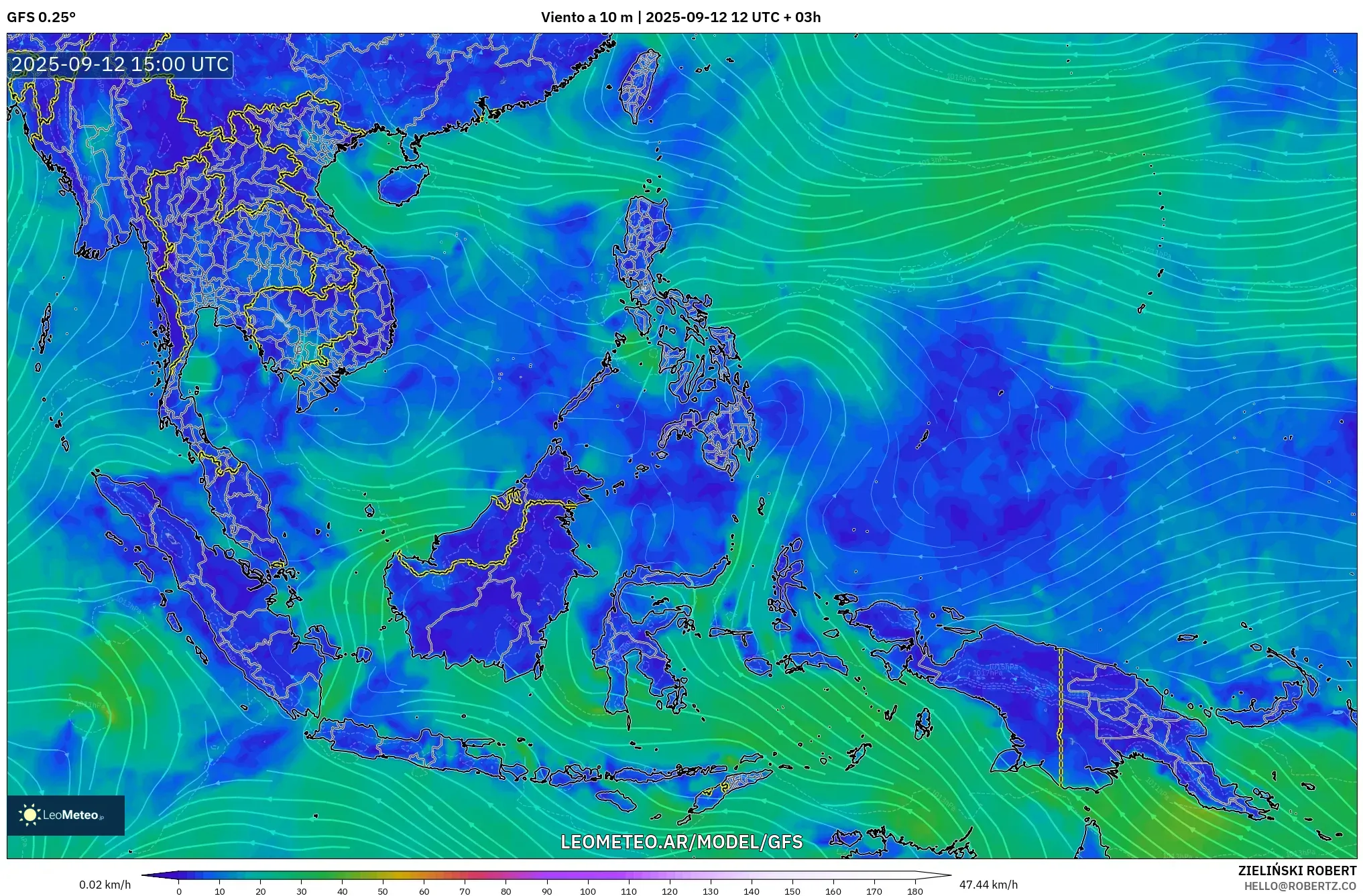 GFS model - Sudeste Asiático, Viento a 10 m