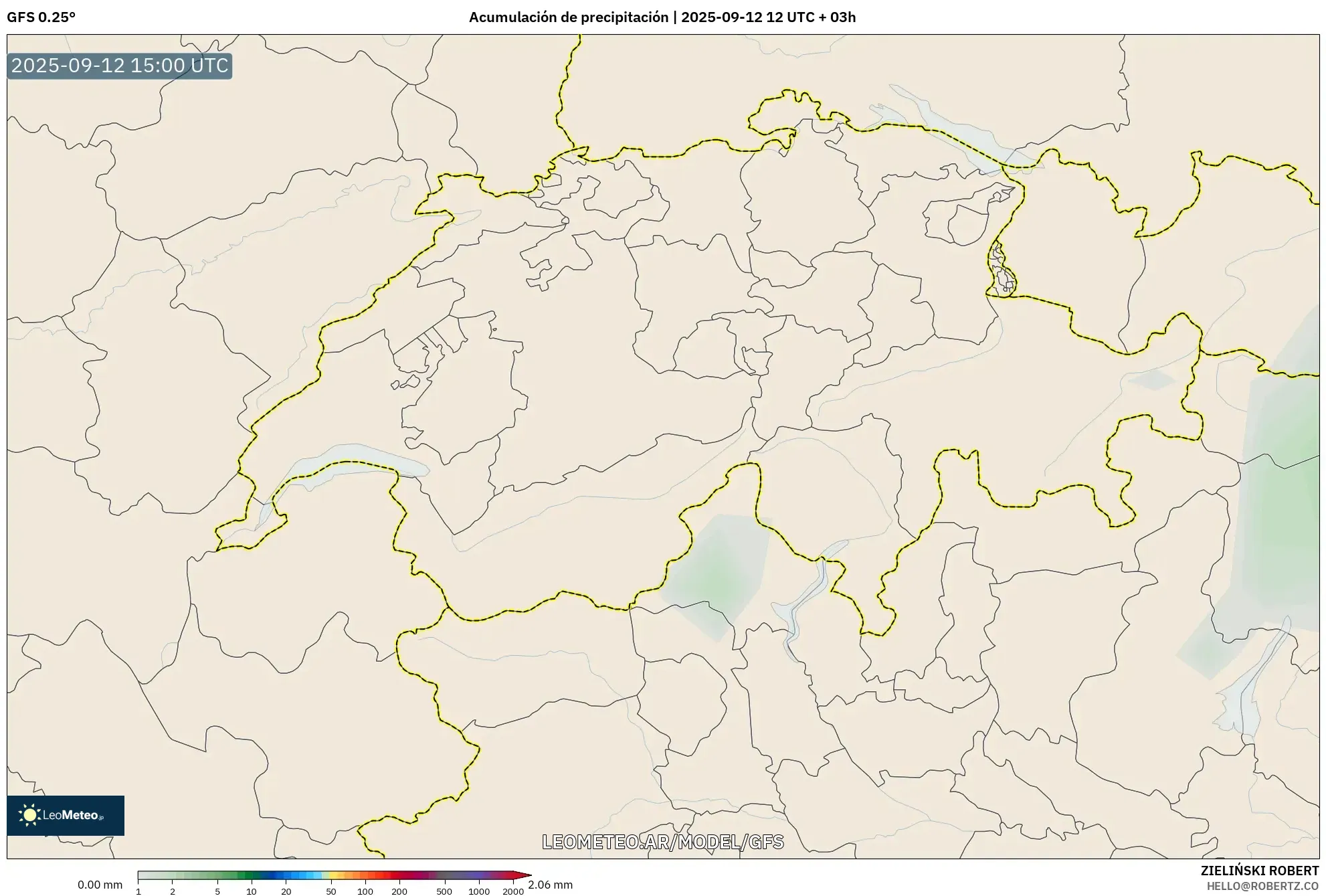 GFS model - Suiza, Acumulación de precipitación GFS model - Suiza, Acumulación de precipitación