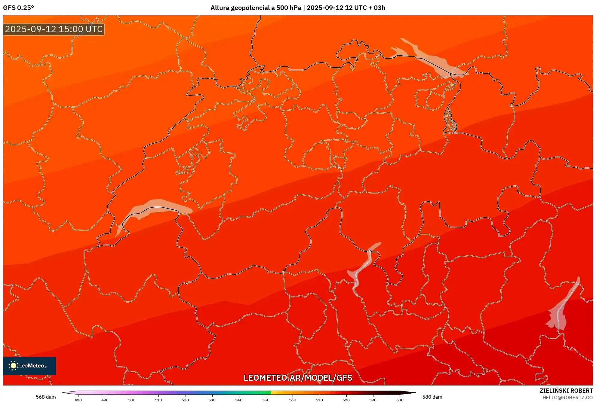 GFS model - Suiza, Altura geopotencial a 500 hPa