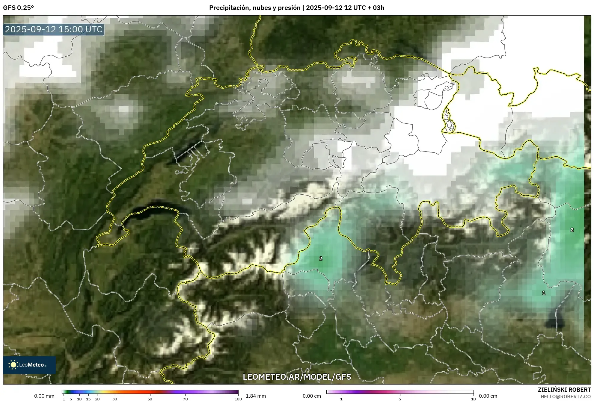 GFS model - Suiza, Precipitación, nubes y presión GFS model - Suiza, Precipitación, nubes y presión