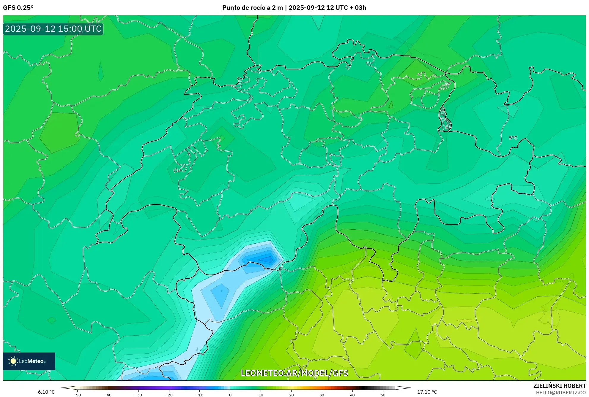 GFS model - Suiza, Punto de rocío a 2 m GFS model - Suiza, Punto de rocío a 2 m