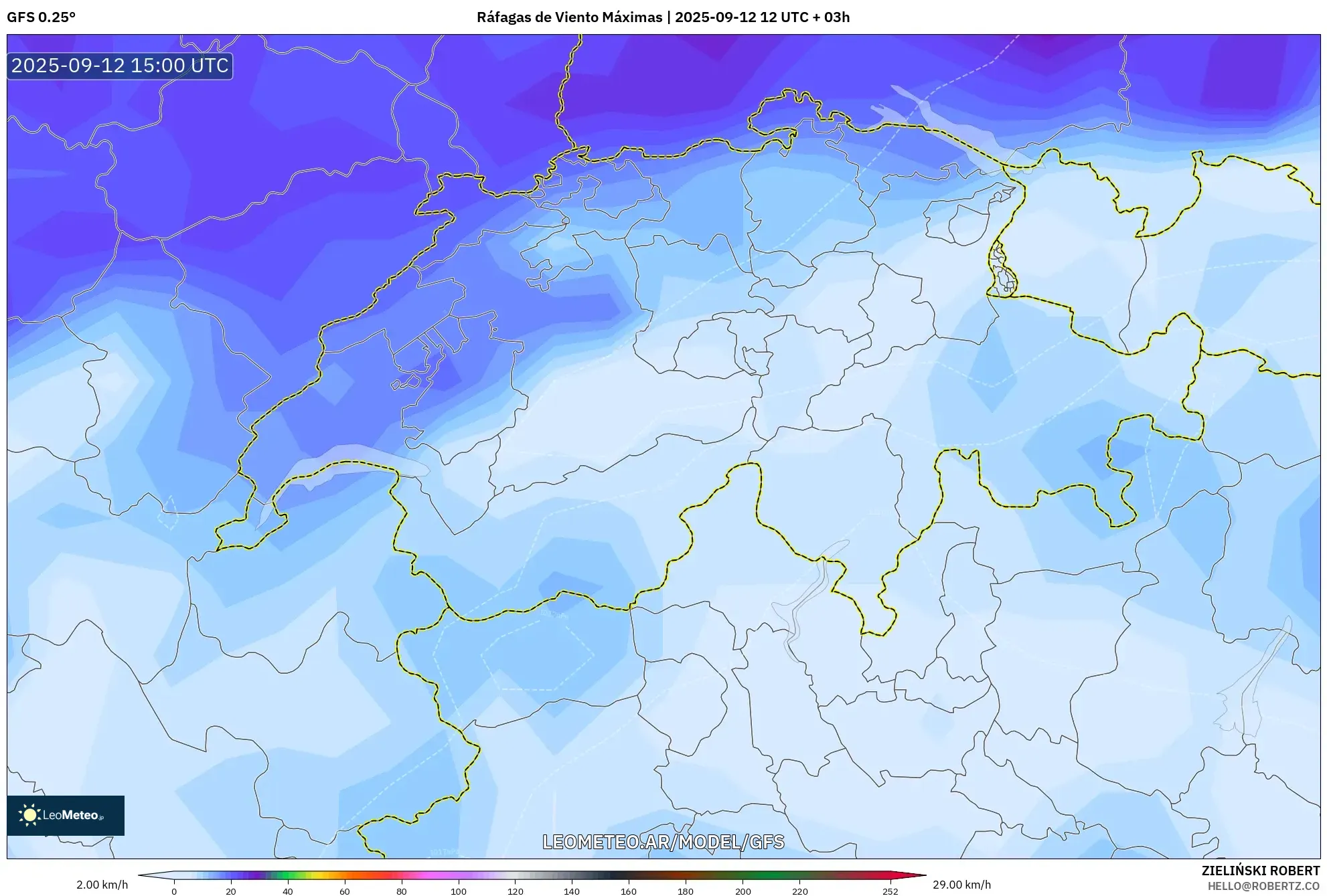 GFS model - Suiza, Ráfagas de Viento Máximas
