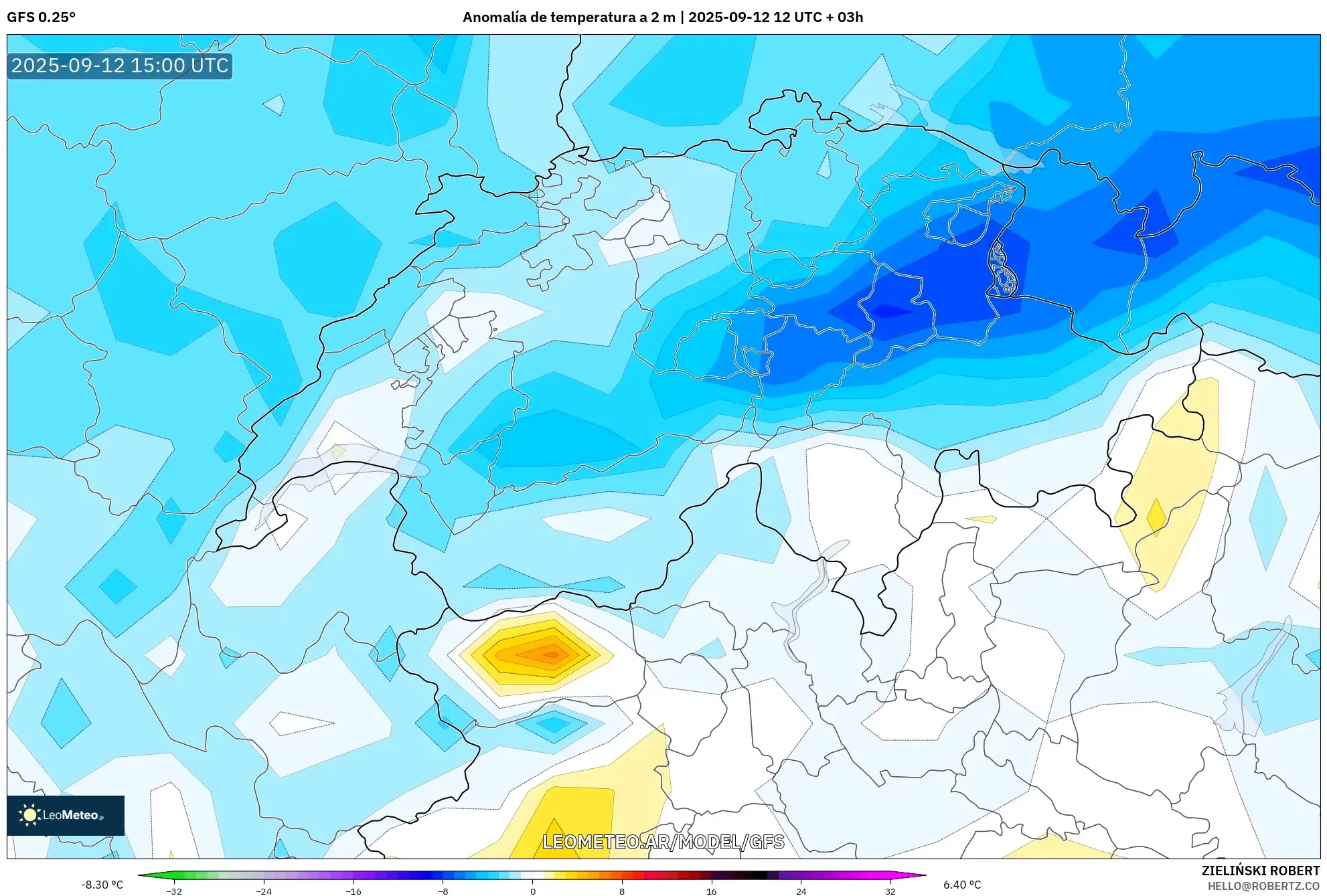 GFS model - Suiza, Anomalía de temperatura a 2 m GFS model - Suiza, Anomalía de temperatura a 2 m