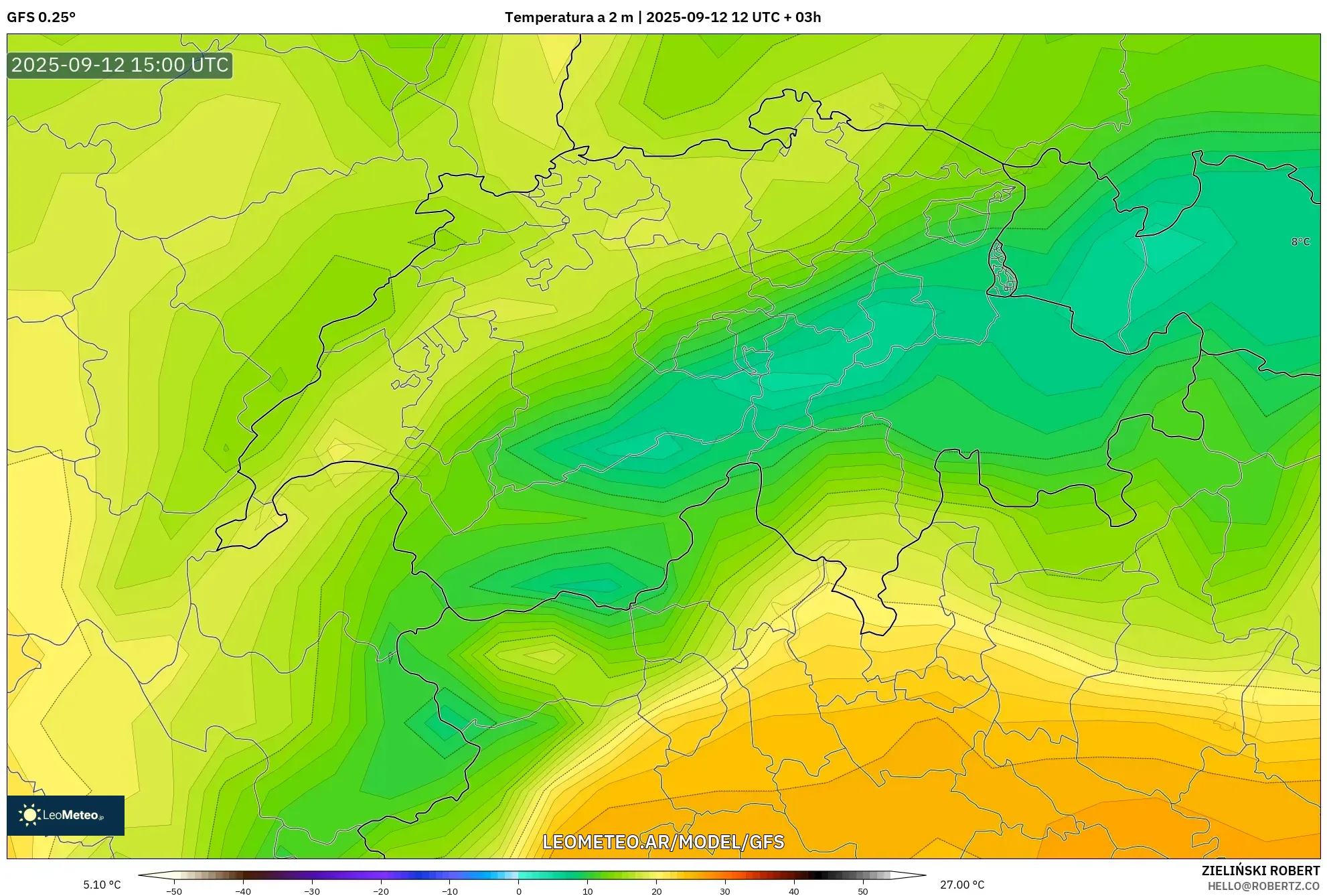 GFS model - Suiza, Temperatura a 2 m GFS model - Suiza, Temperatura a 2 m