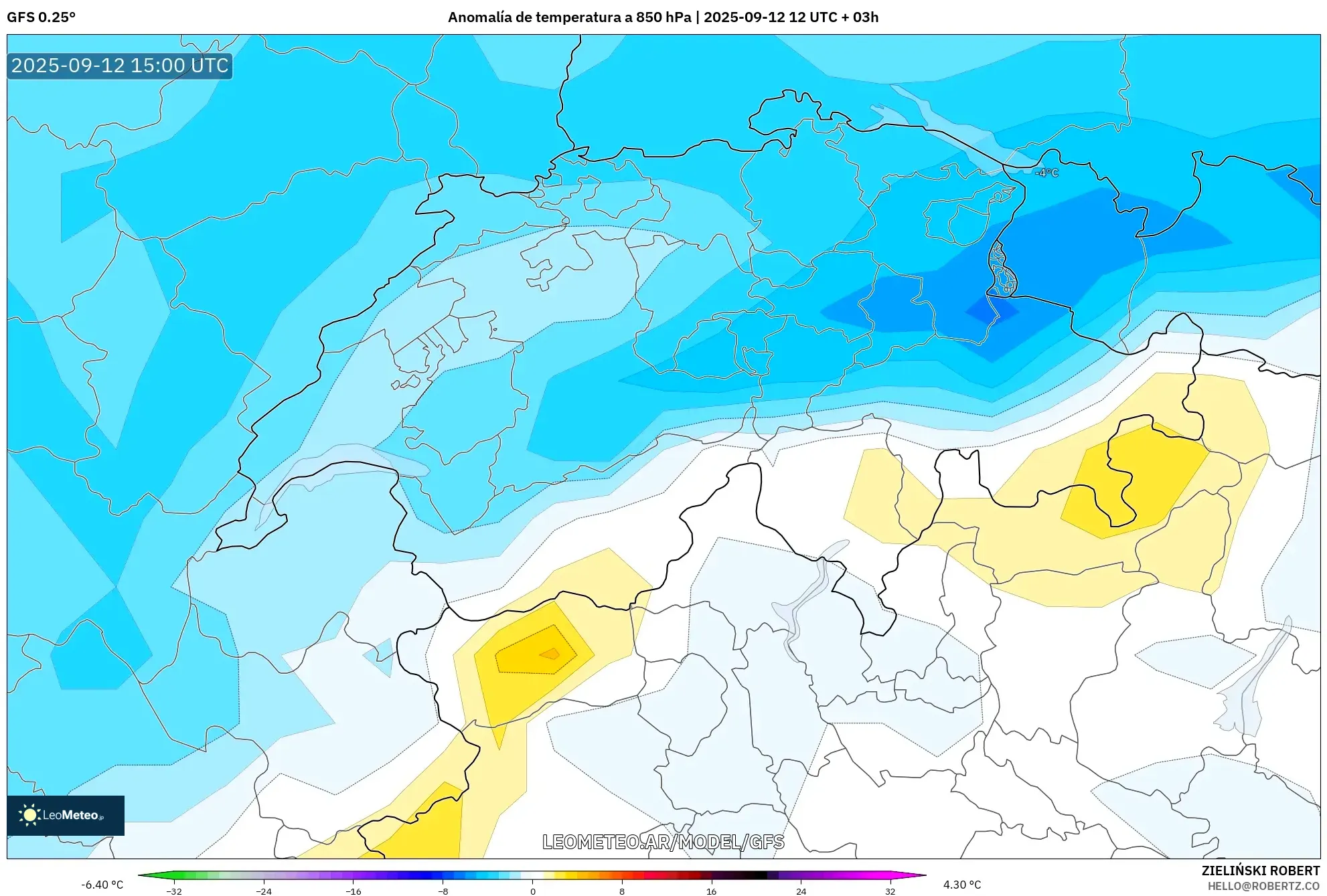 GFS model - Suiza, Anomalía de temperatura a 850 hPa GFS model - Suiza, Anomalía de temperatura a 850 hPa