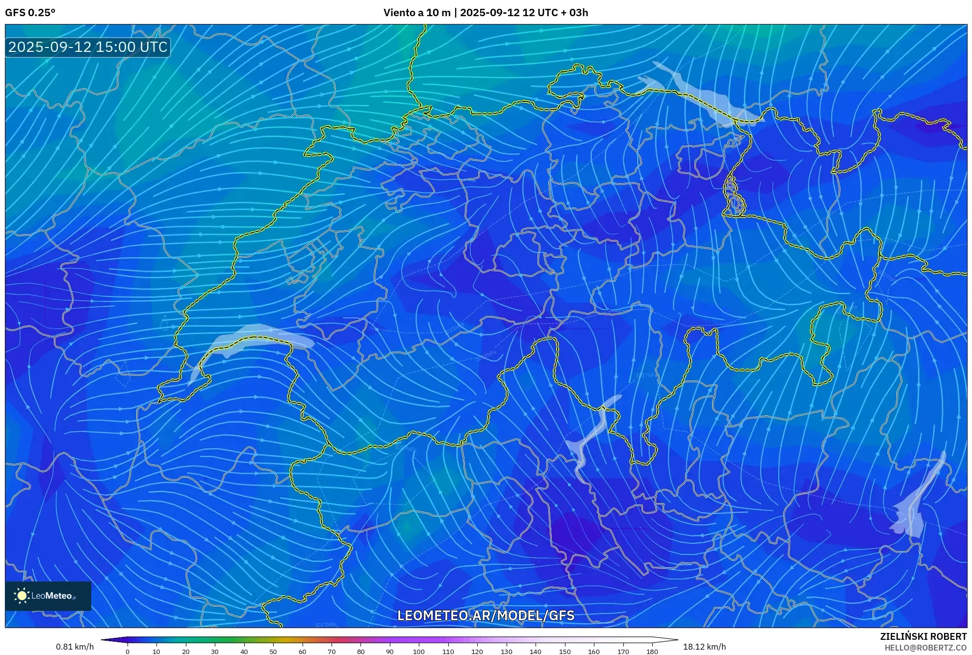 GFS model - Suiza, Viento a 10 m GFS model - Suiza, Viento a 10 m
