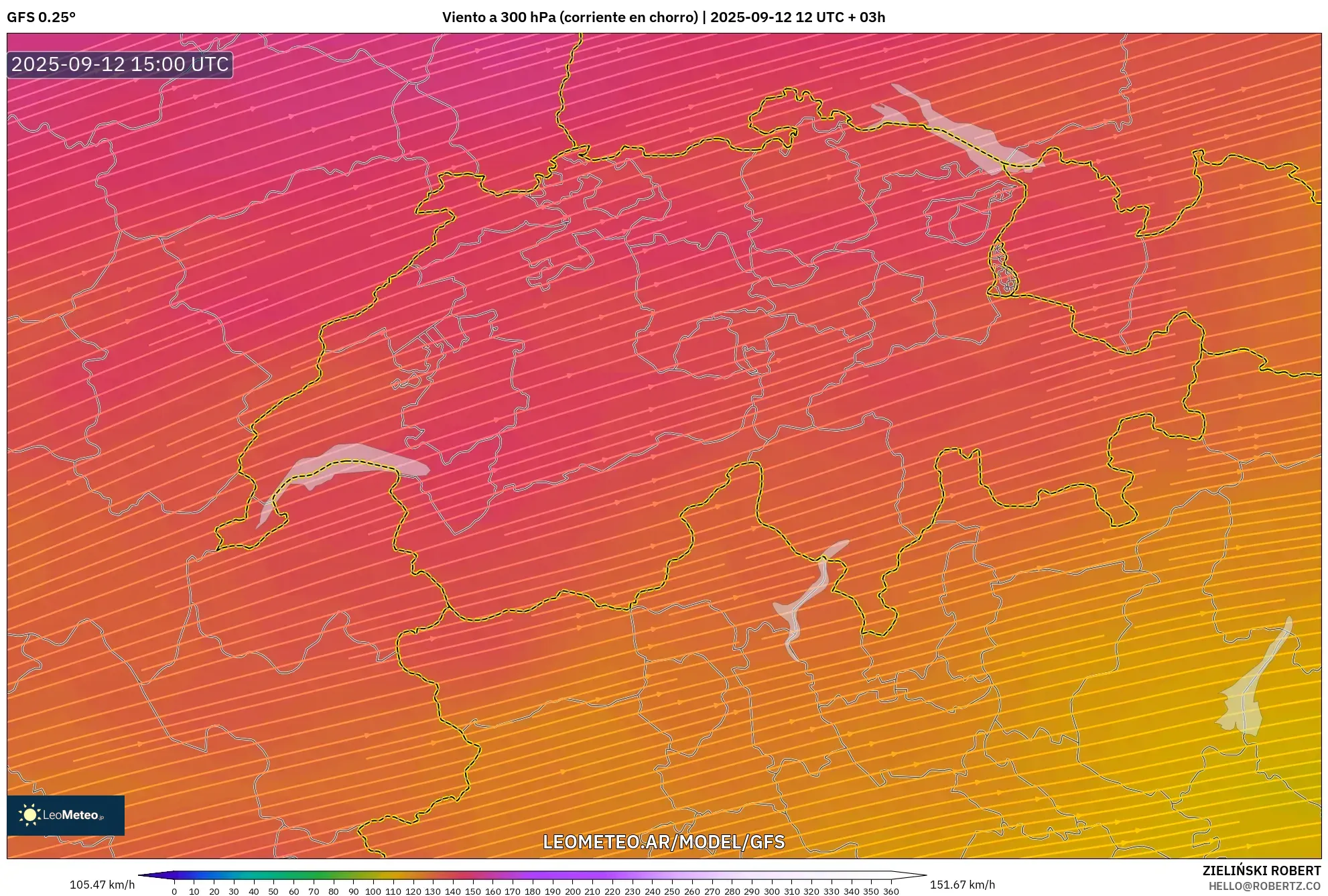 GFS model - Suiza, Viento a 300 hPa (corriente en chorro) GFS model - Suiza, Viento a 300 hPa (corriente en chorro)
