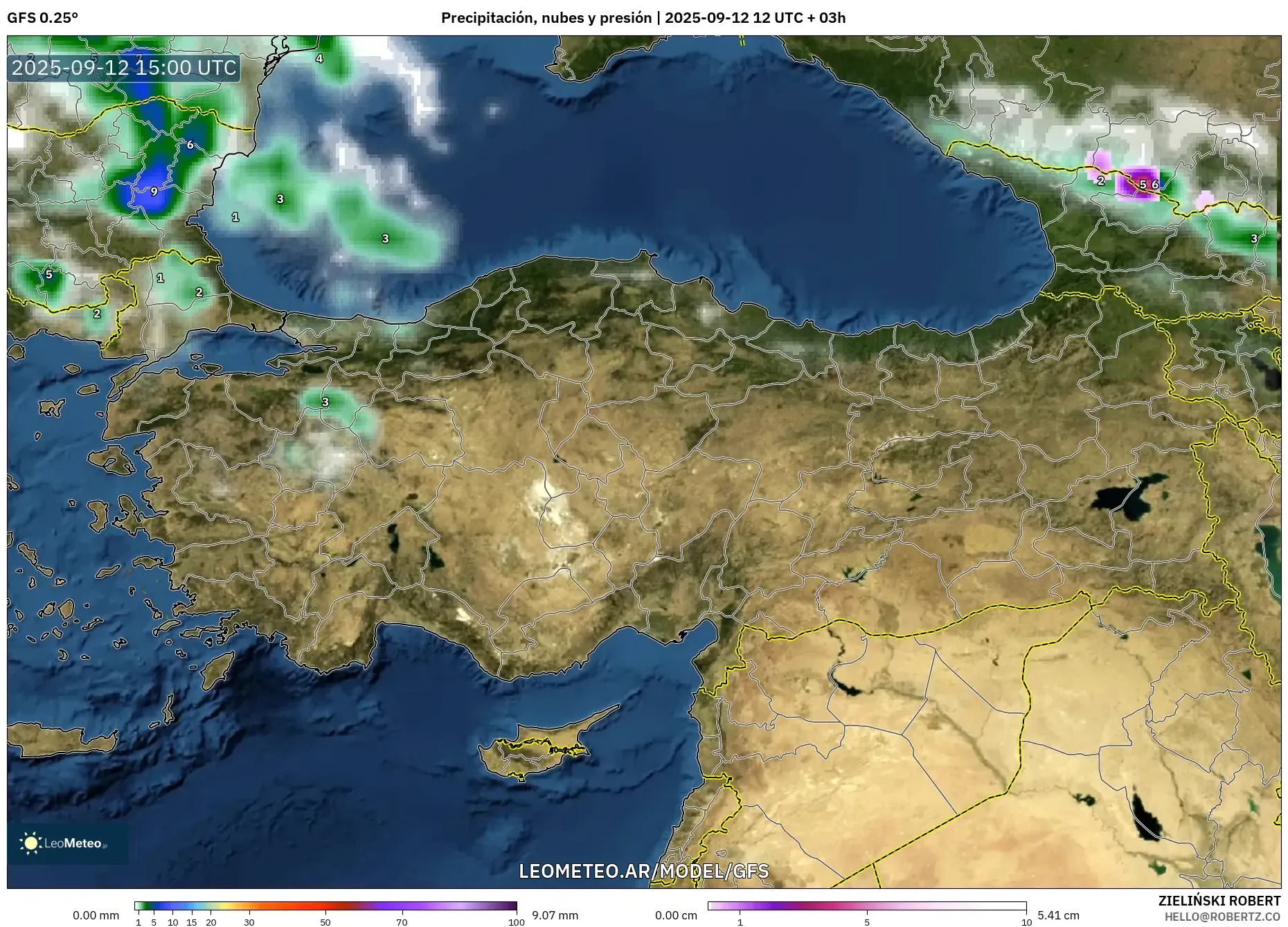 GFS model - Turquía, Precipitación, nubes y presión
