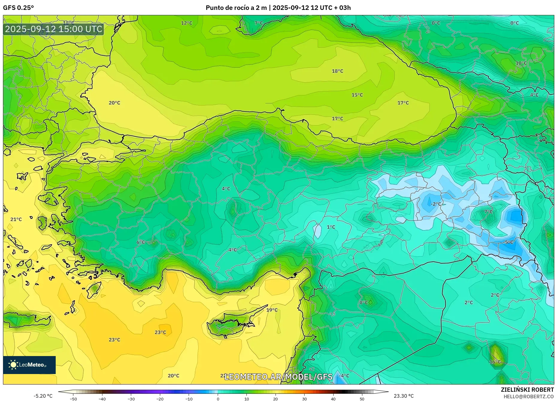 GFS model - Turquía, Punto de rocío a 2 m GFS model - Turquía, Punto de rocío a 2 m