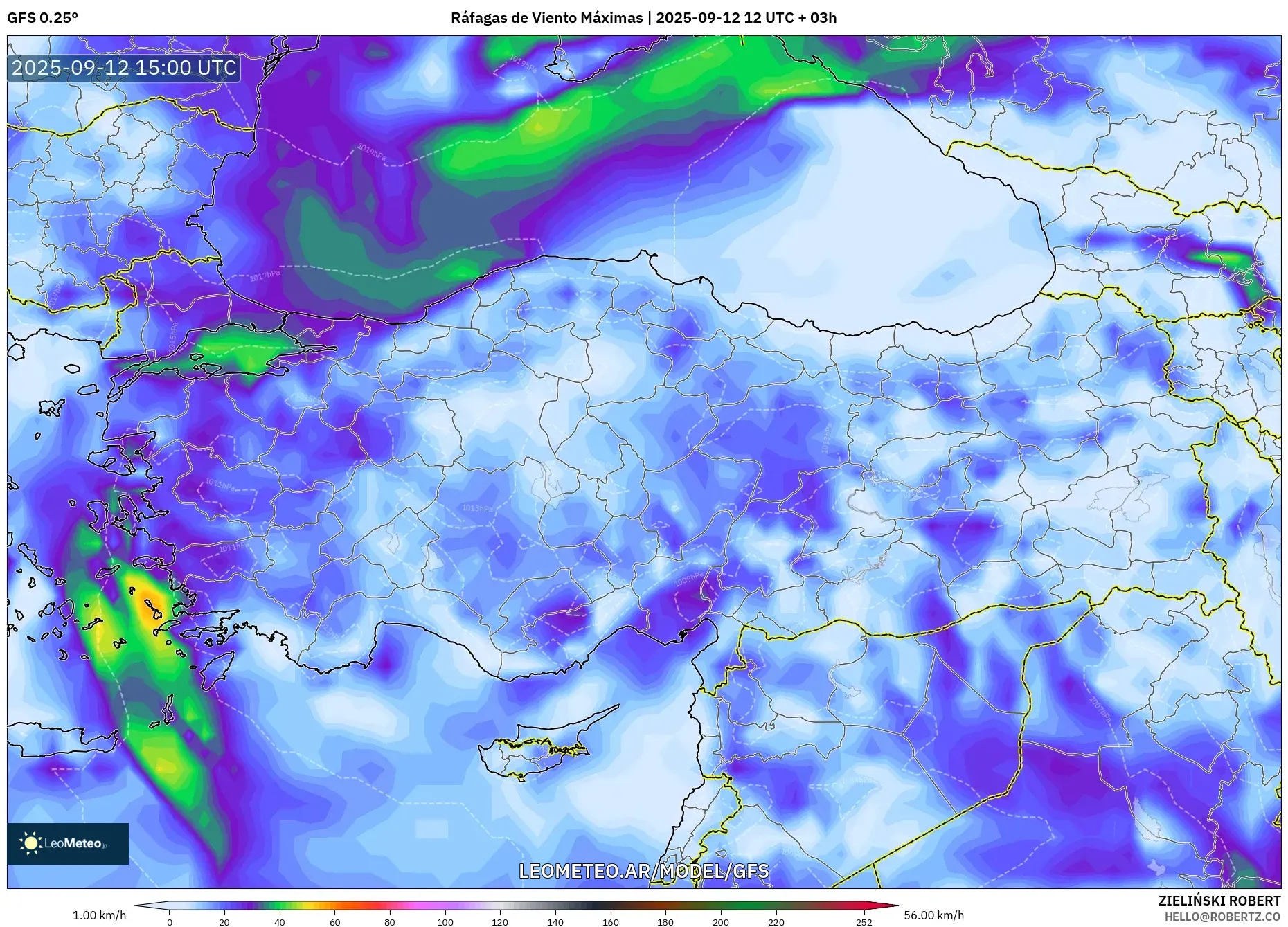 GFS model - Turquía, Ráfagas de Viento Máximas