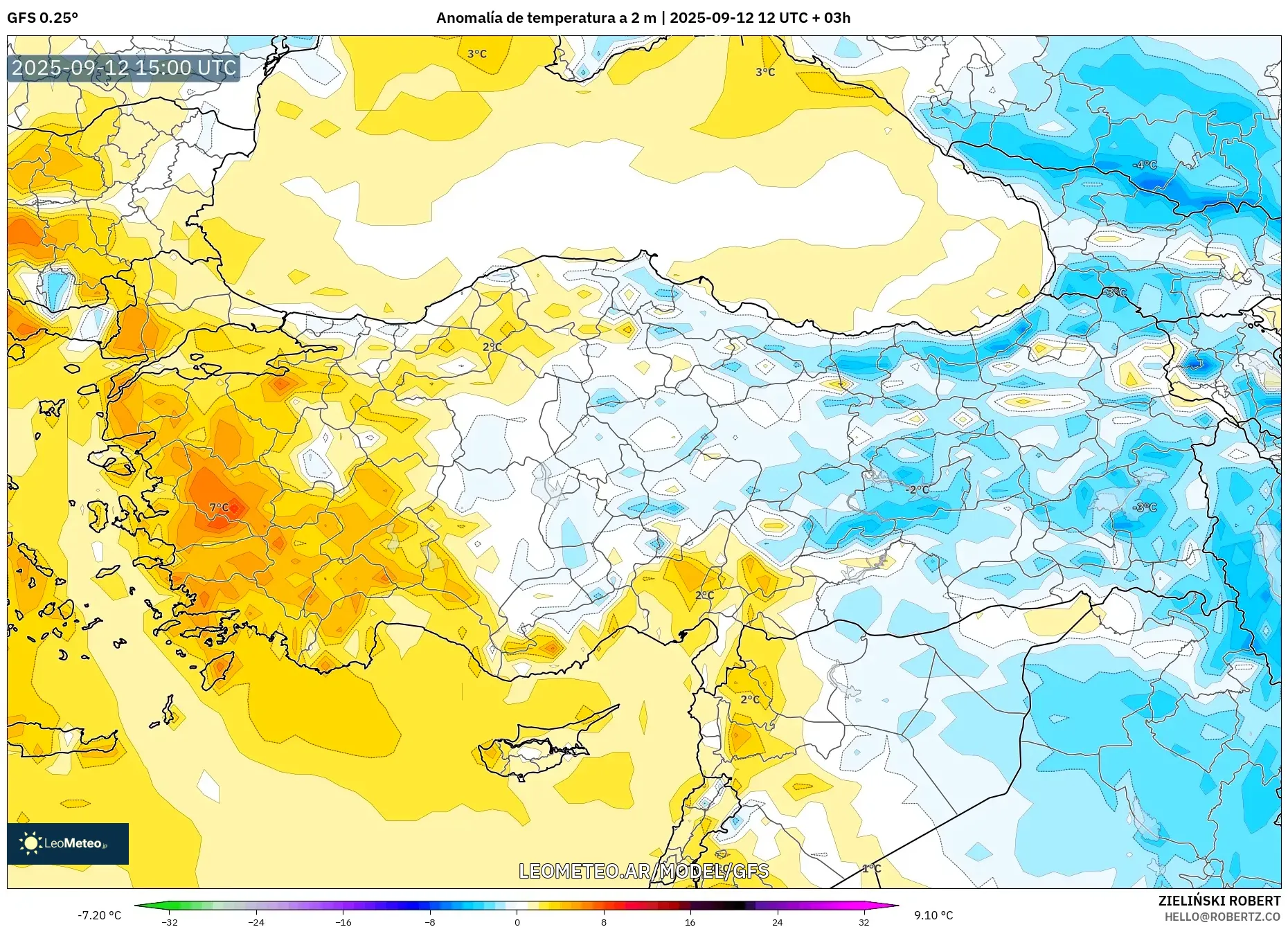 GFS model - Turquía, Anomalía de temperatura a 2 m