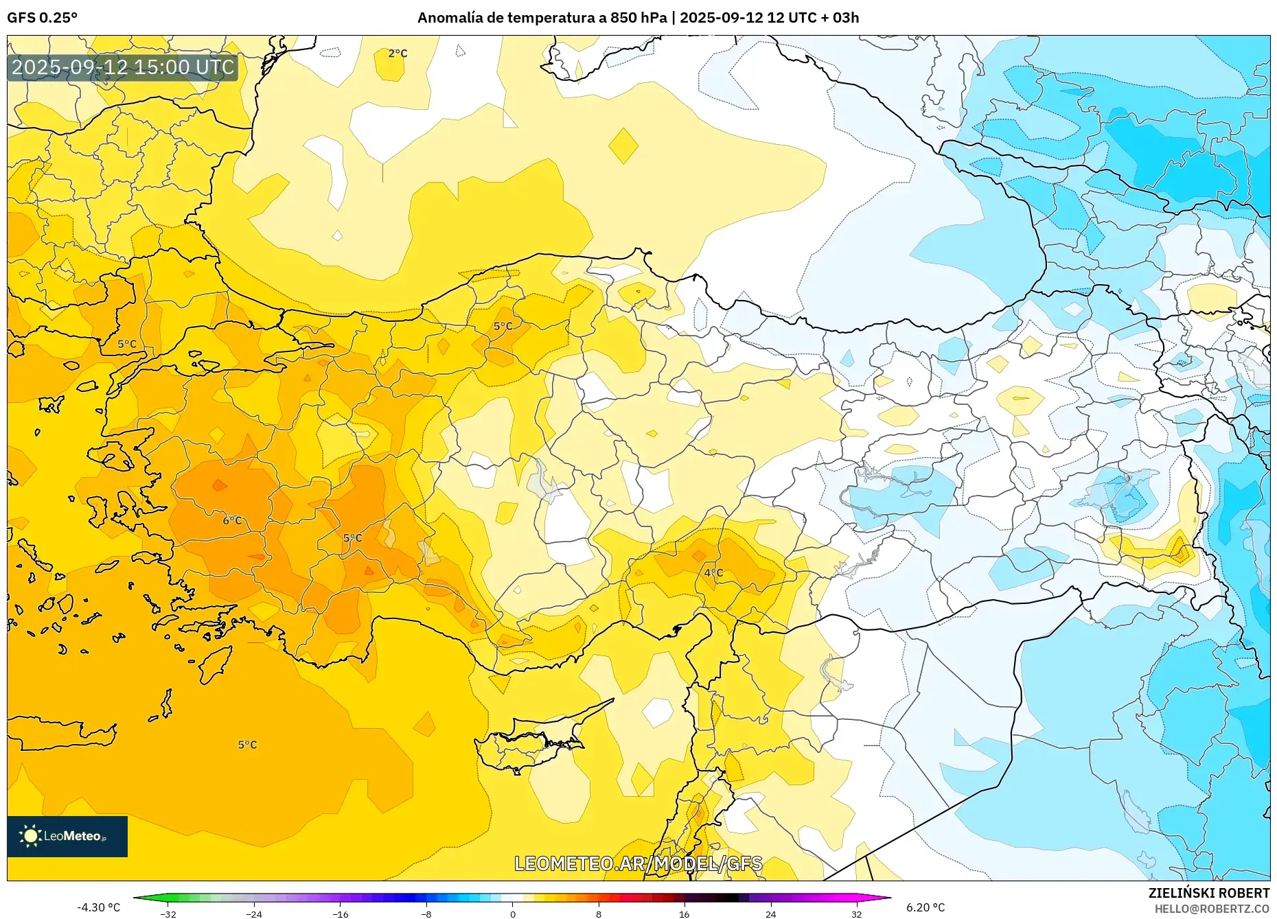GFS model - Turquía, Anomalía de temperatura a 850 hPa GFS model - Turquía, Anomalía de temperatura a 850 hPa