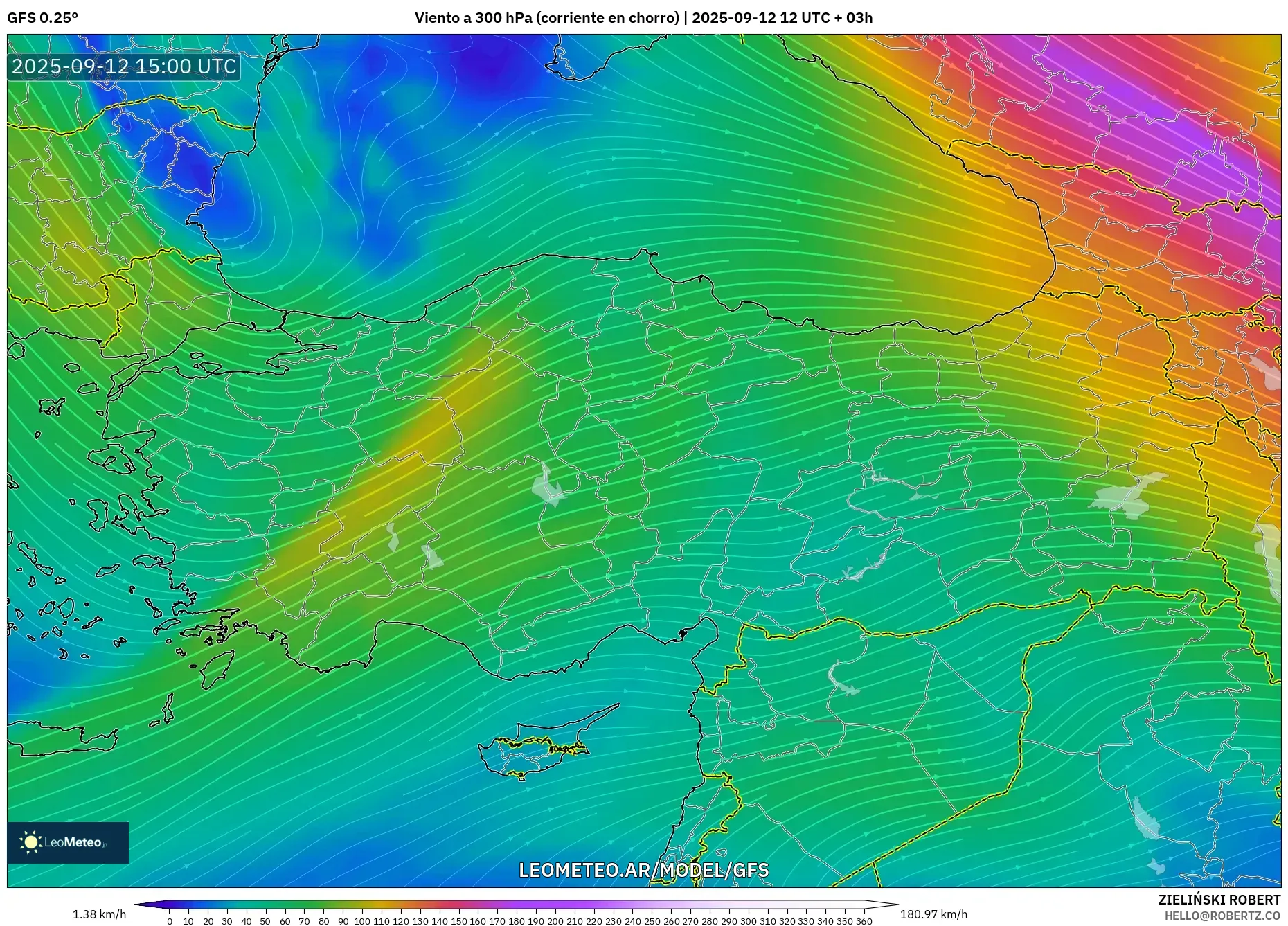 GFS model - Turquía, Viento a 300 hPa (corriente en chorro) GFS model - Turquía, Viento a 300 hPa (corriente en chorro)