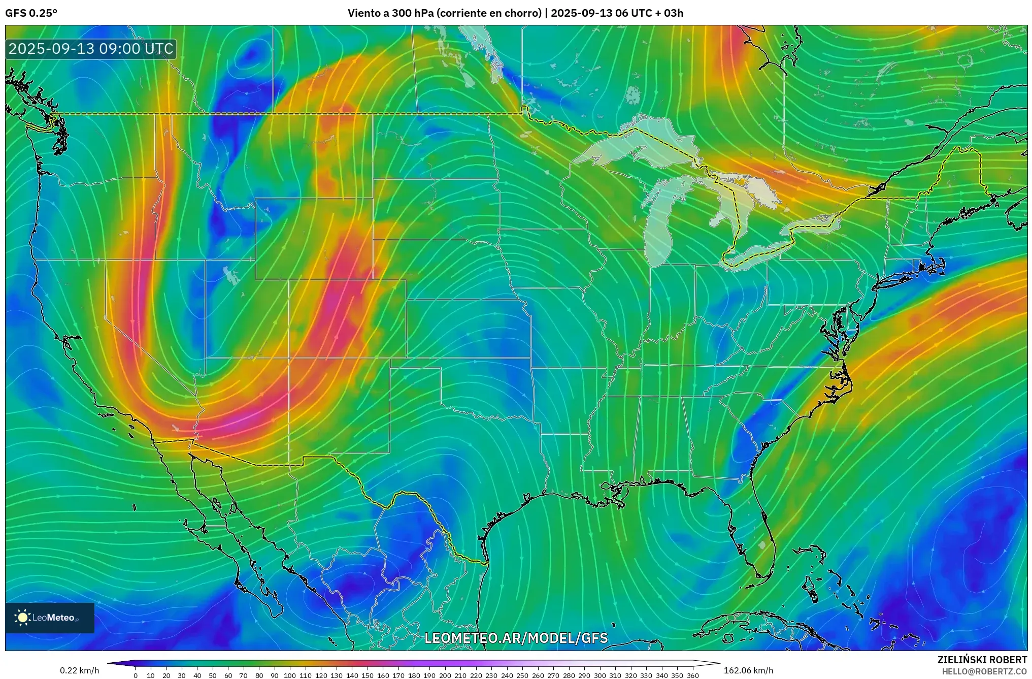 GFS model - Estados Unidos, Viento a 300 hPa (corriente en chorro)
