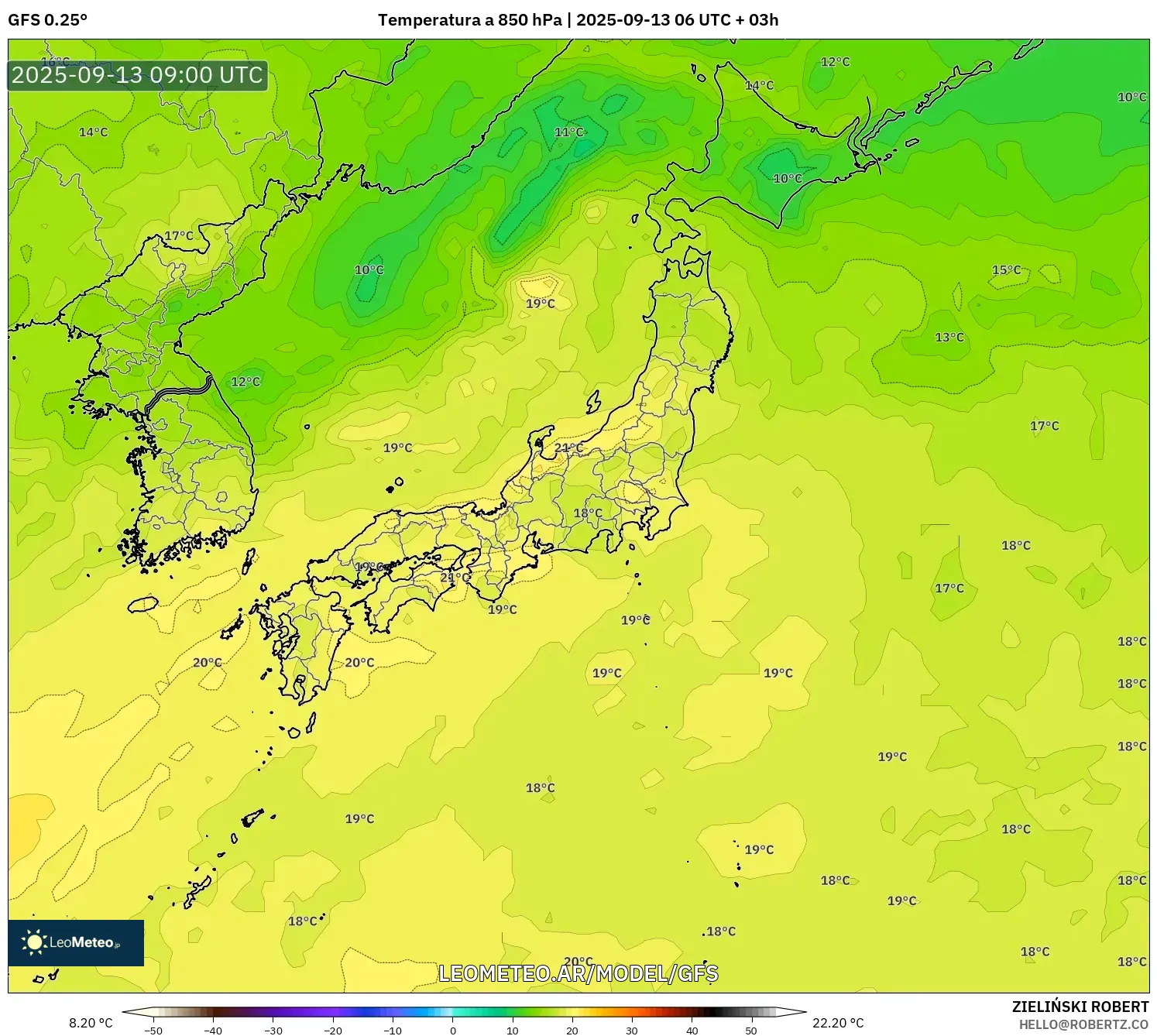 GFS model - Japón, Temperatura a 850 hPa GFS model - Japón, Temperatura a 850 hPa