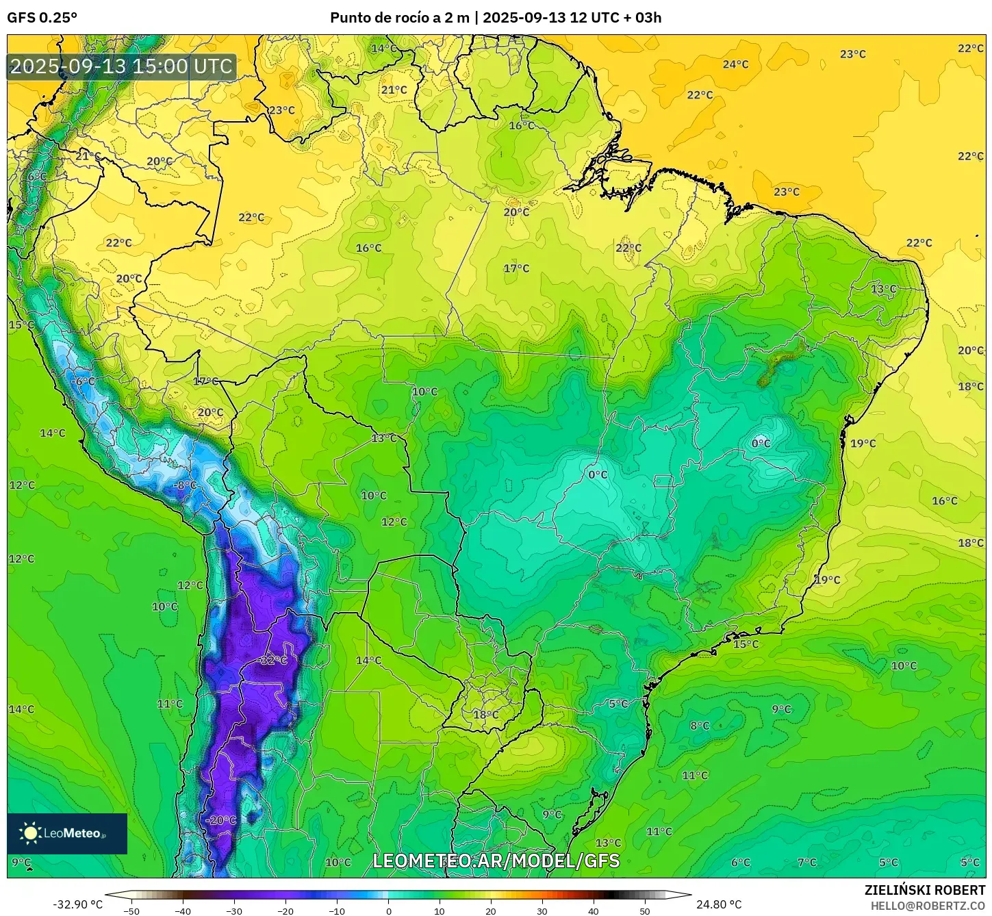 GFS model - Brasil, Punto de rocío a 2 m