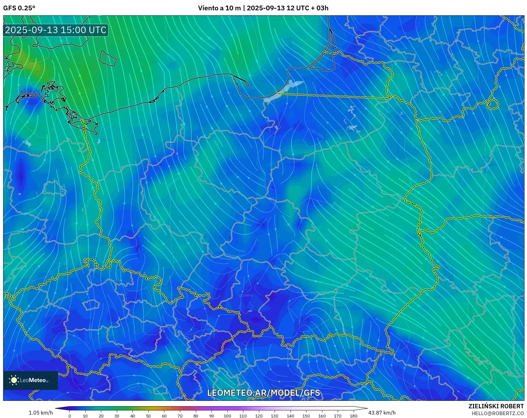 GFS model - Polonia, Viento a 10 m