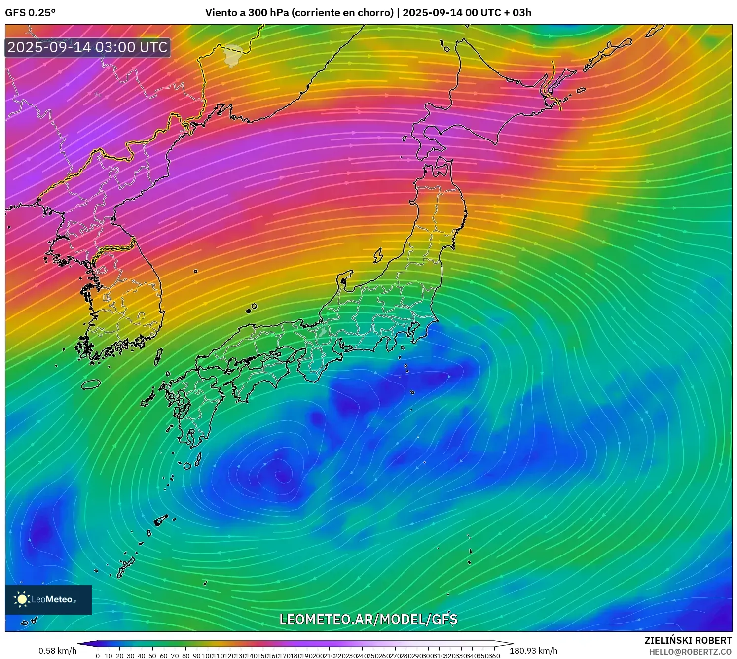 GFS model - Japón, Viento a 300 hPa (corriente en chorro) GFS model - Japón, Viento a 300 hPa (corriente en chorro)