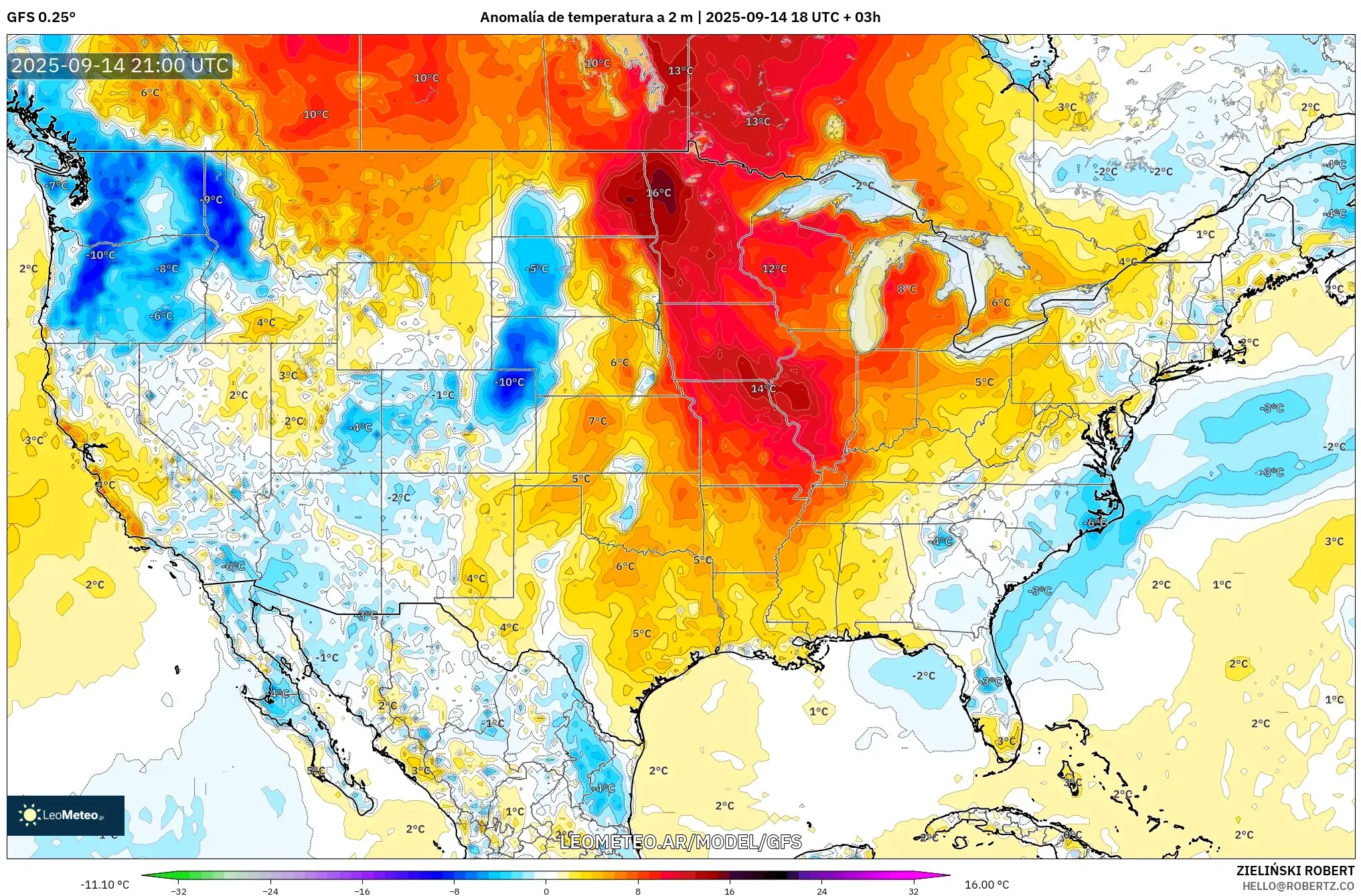GFS model - Estados Unidos, Anomalía de temperatura a 2 m GFS model - Estados Unidos, Anomalía de temperatura a 2 m