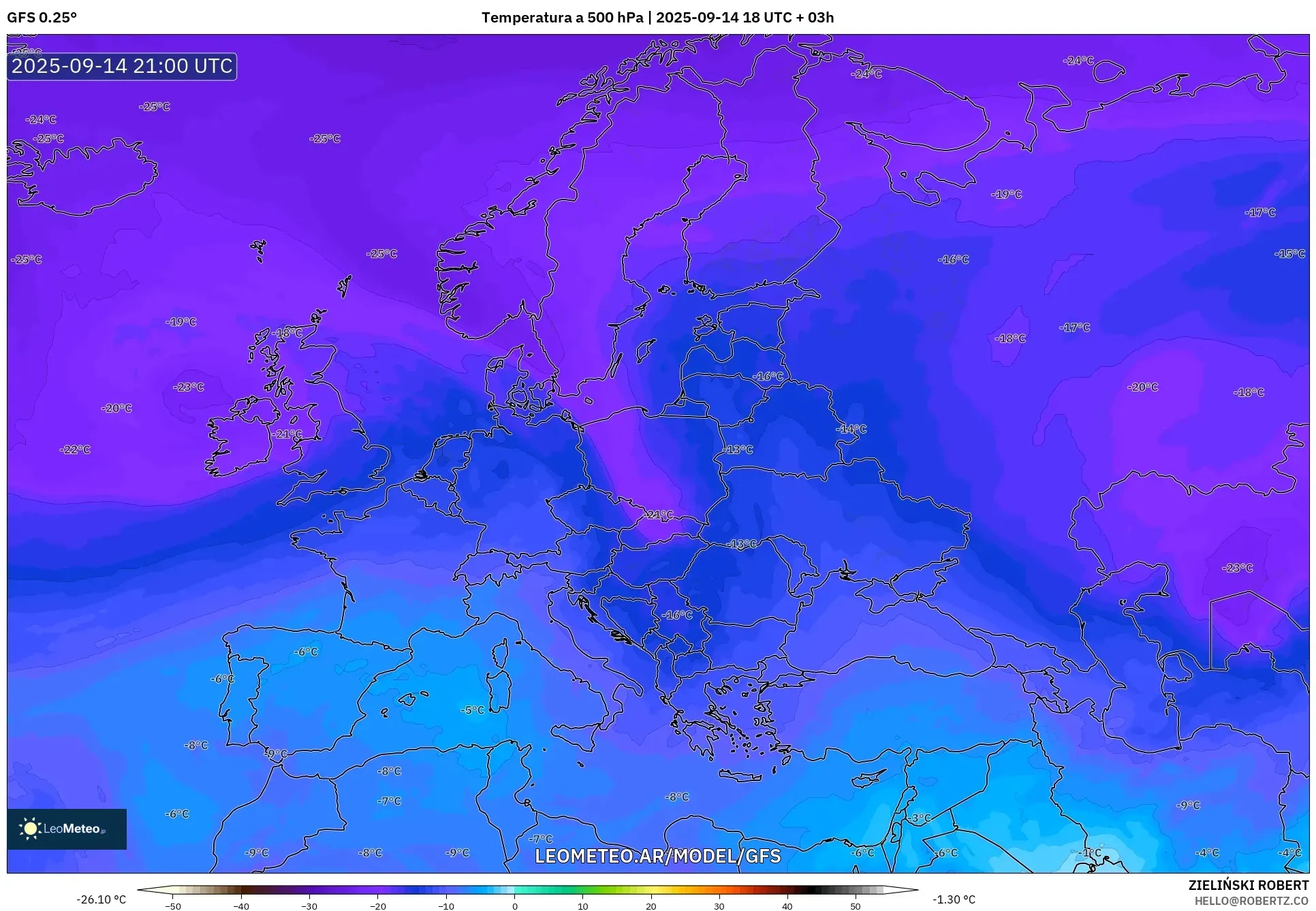 GFS model - Europa, Temperatura a 500 hPa GFS model - Europa, Temperatura a 500 hPa