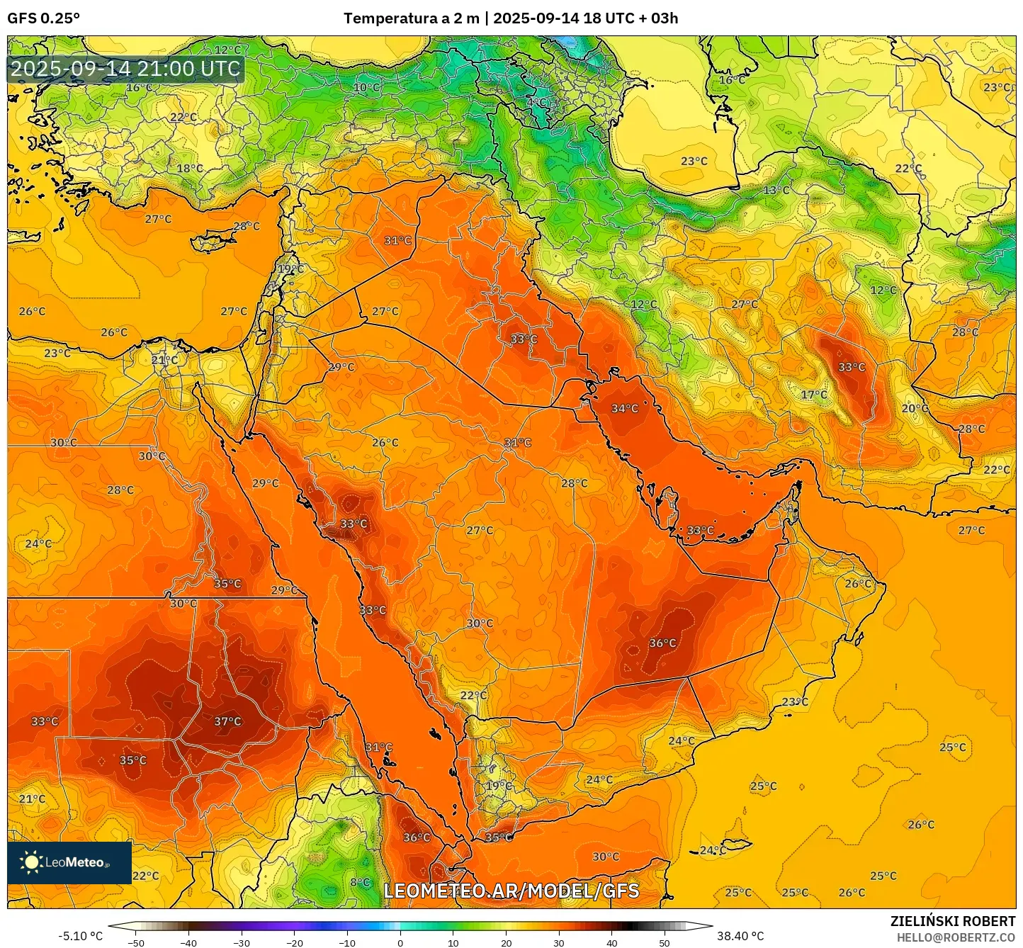 GFS model - Oriente Medio, Temperatura a 2 m GFS model - Oriente Medio, Temperatura a 2 m