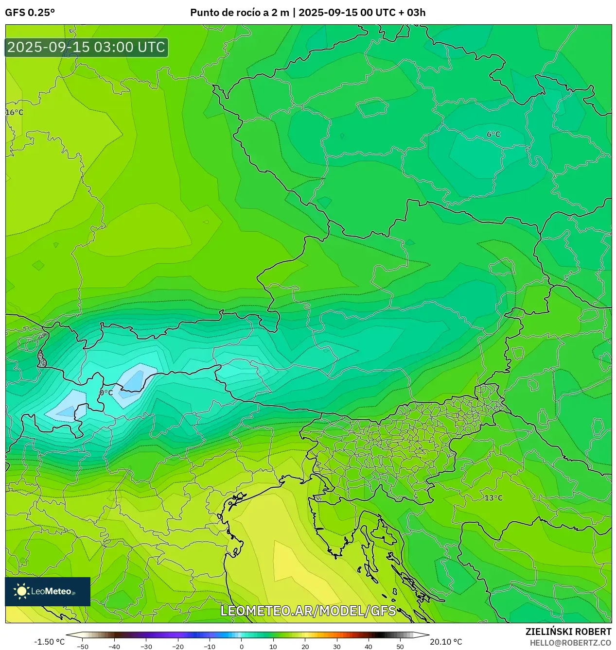 GFS model - Austria, Punto de rocío a 2 m GFS model - Austria, Punto de rocío a 2 m
