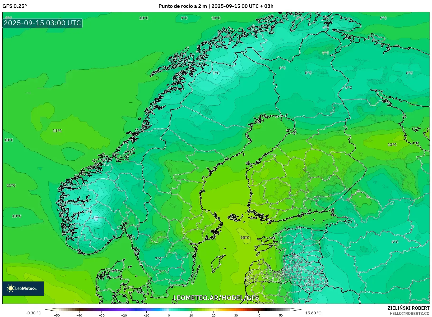 GFS model - Escandinavia, Punto de rocío a 2 m GFS model - Escandinavia, Punto de rocío a 2 m