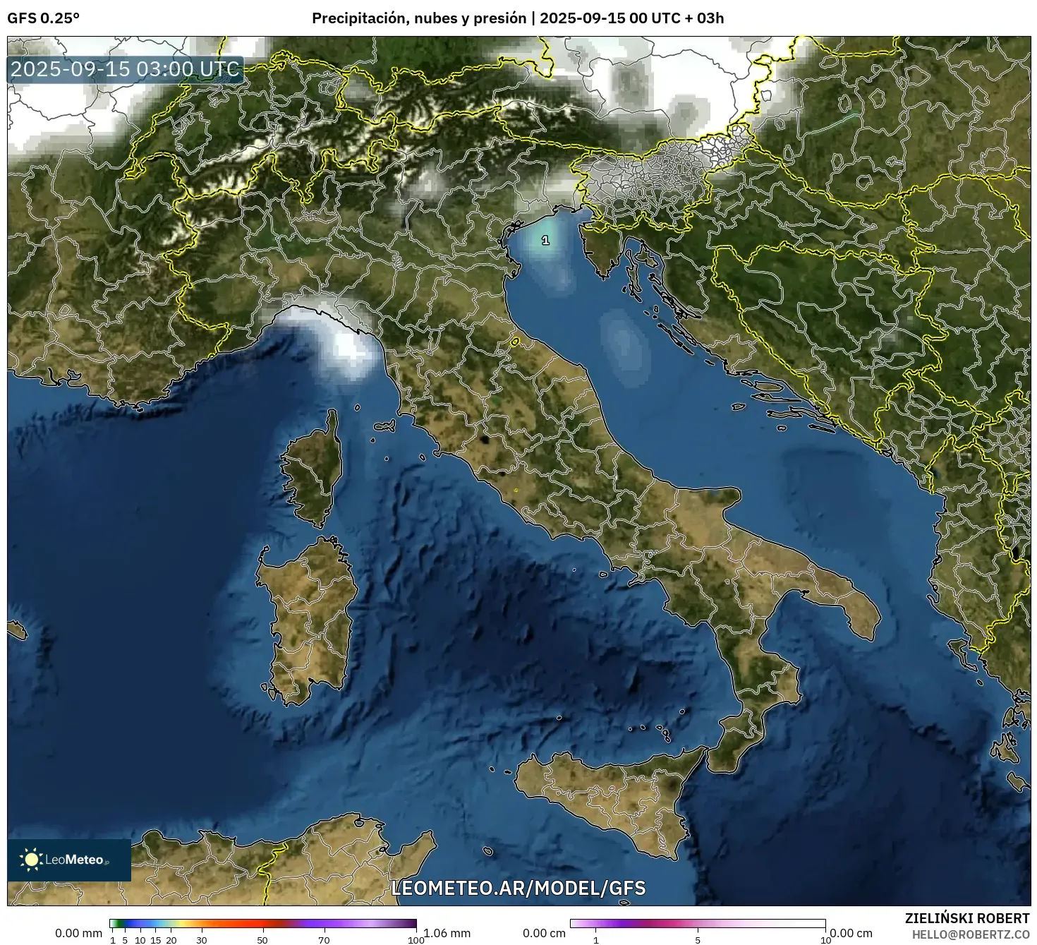 GFS model - Italia, Precipitación, nubes y presión GFS model - Italia, Precipitación, nubes y presión