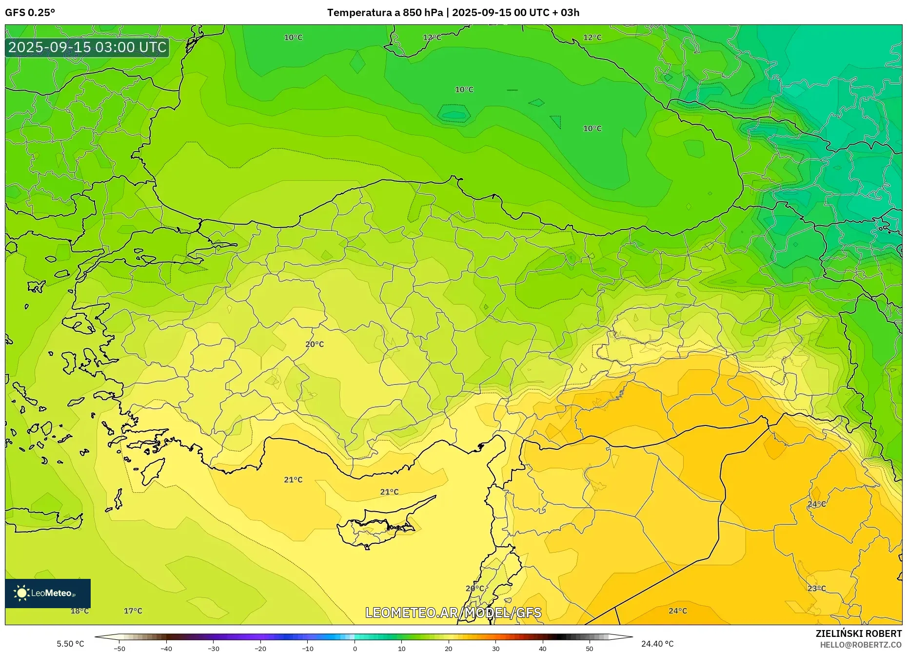 GFS model - Turquía, Temperatura a 850 hPa