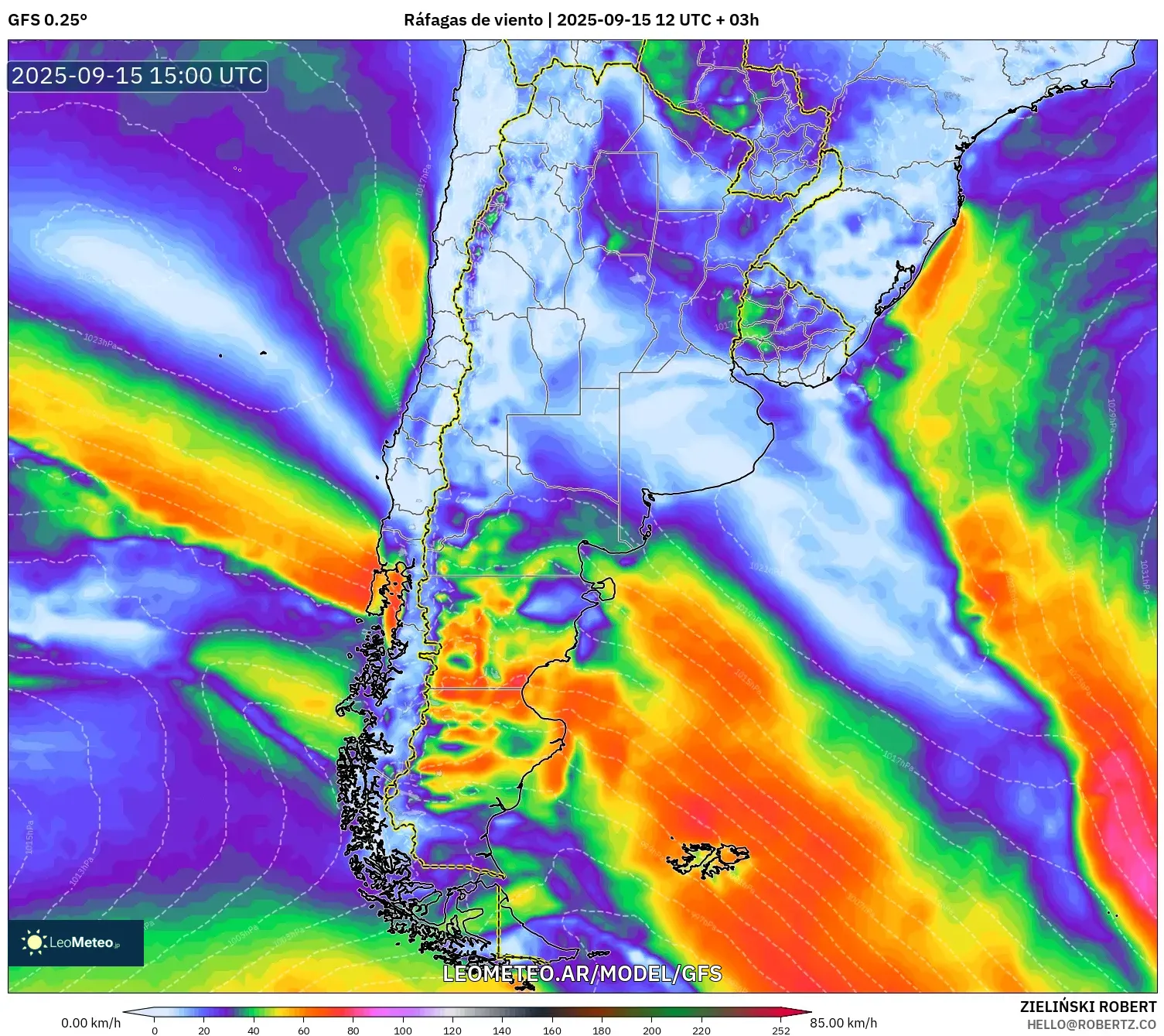 GFS model - Argentina, Ráfagas de viento GFS model - Argentina, Ráfagas de viento