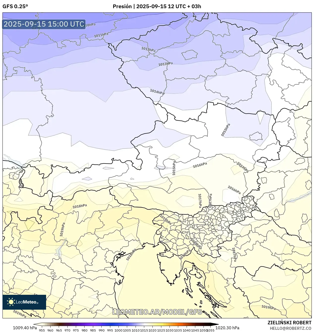 GFS model - Austria, Presión GFS model - Austria, Presión
