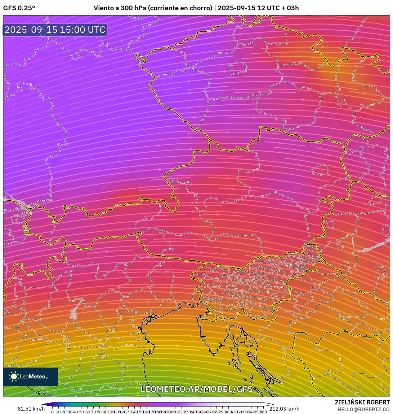 GFS model - Austria, Viento a 300 hPa (corriente en chorro)