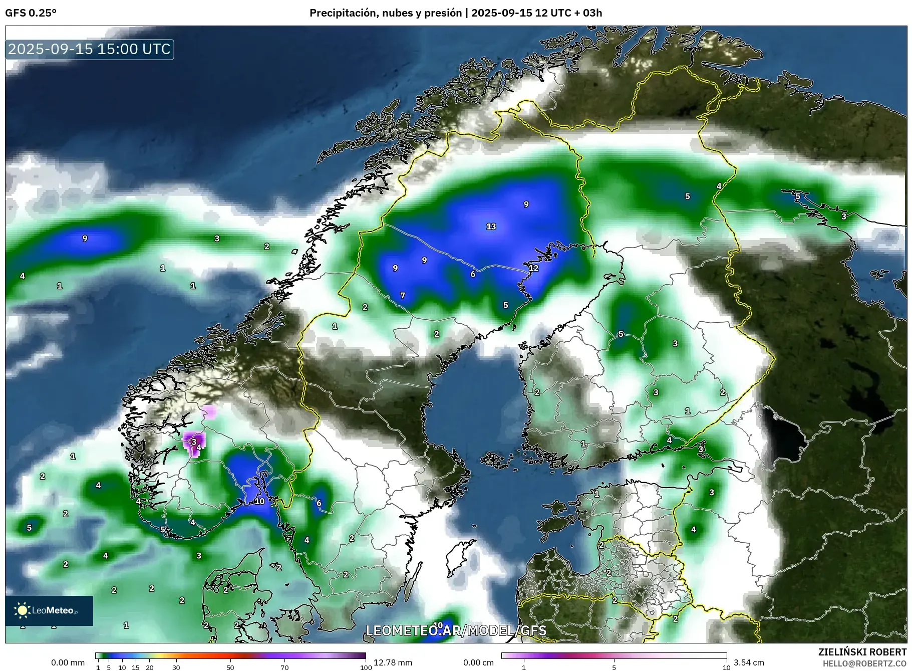 GFS model - Escandinavia, Precipitación, nubes y presión