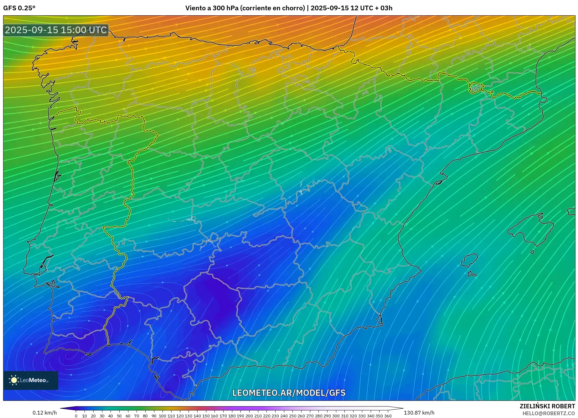 GFS model - España, Viento a 300 hPa (corriente en chorro) GFS model - España, Viento a 300 hPa (corriente en chorro)