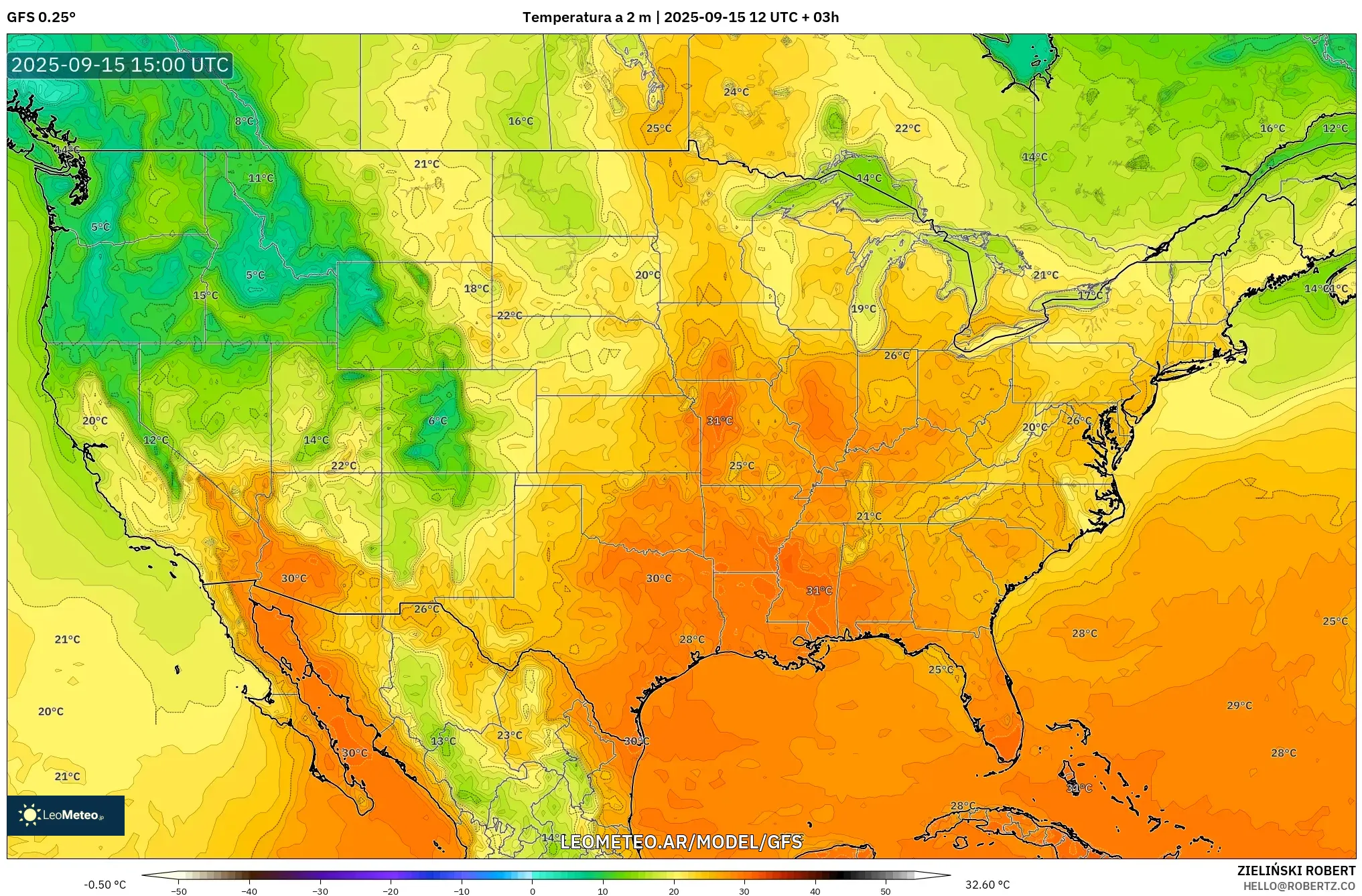 GFS model - Estados Unidos, Temperatura a 2 m GFS model - Estados Unidos, Temperatura a 2 m
