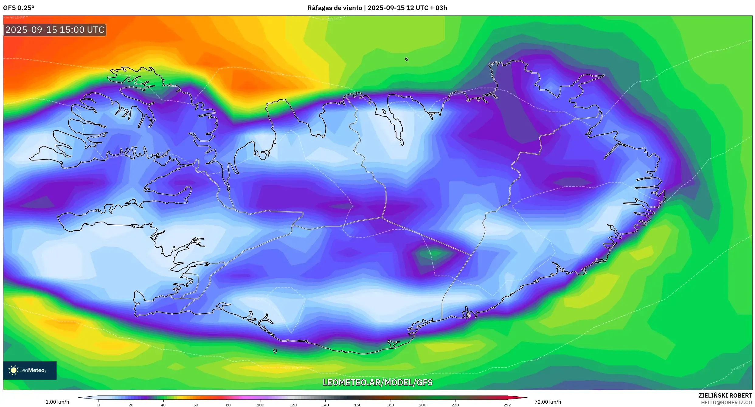 GFS model - Islandia, Ráfagas de viento