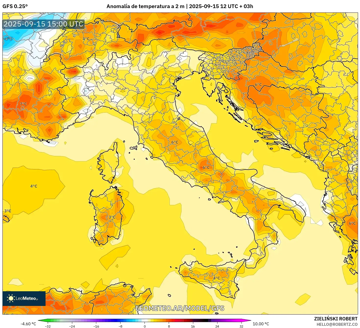 GFS model - Italia, Anomalía de temperatura a 2 m