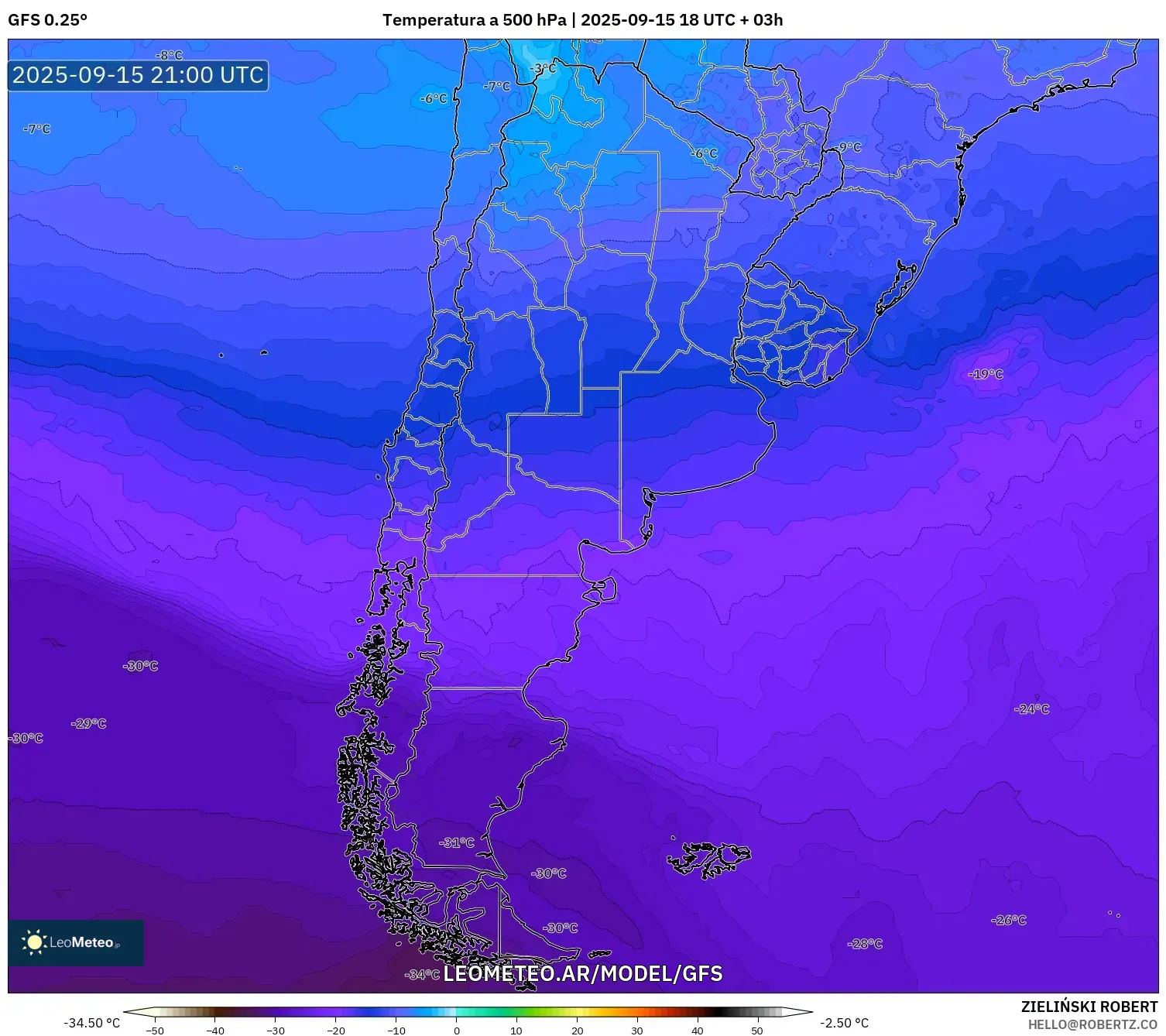 GFS model - Argentina, Temperatura a 500 hPa