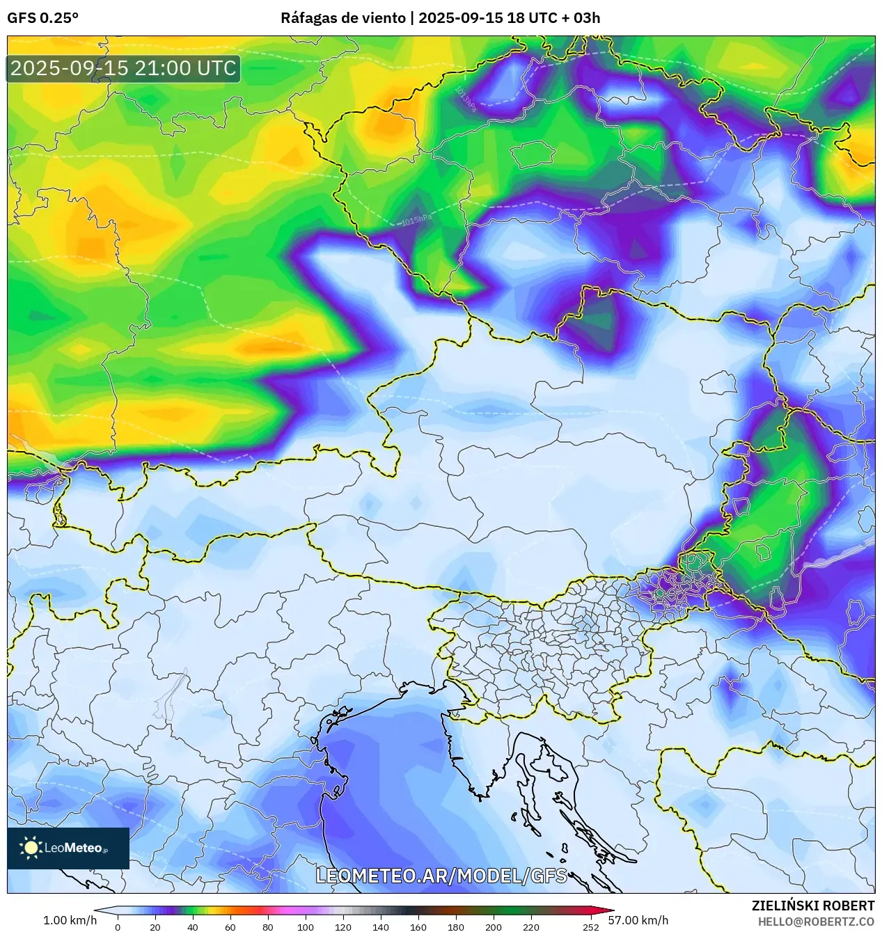 GFS model - Austria, Ráfagas de viento