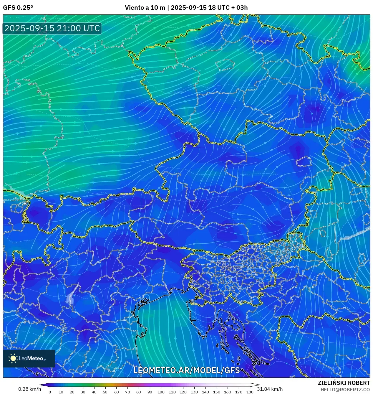 GFS model - Austria, Viento a 10 m