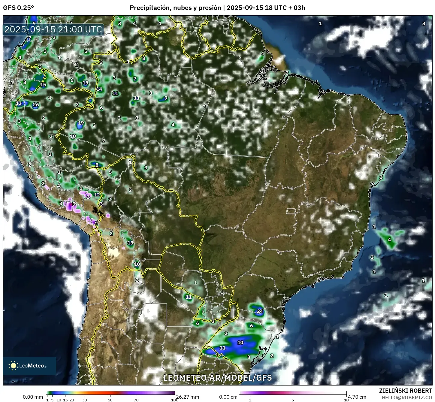 GFS model - Brasil, Precipitación, nubes y presión
