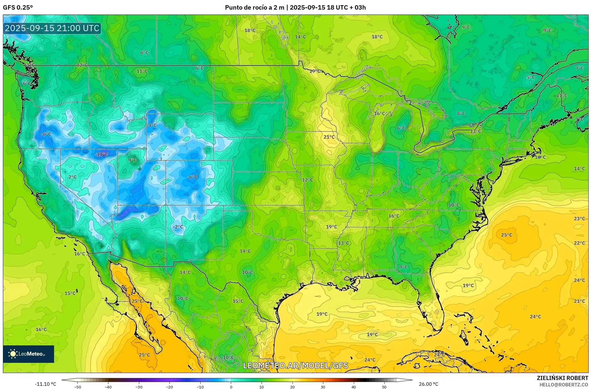 GFS model - Estados Unidos, Punto de rocío a 2 m