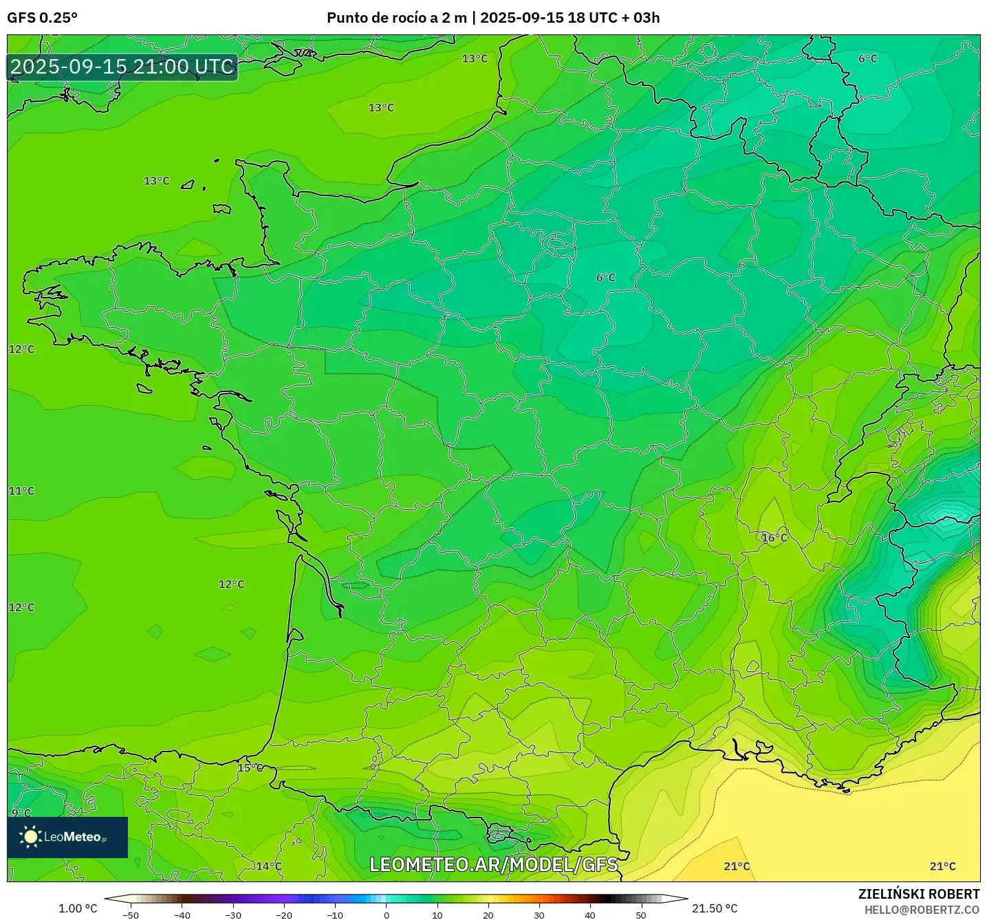 GFS model - Francia, Punto de rocío a 2 m GFS model - Francia, Punto de rocío a 2 m