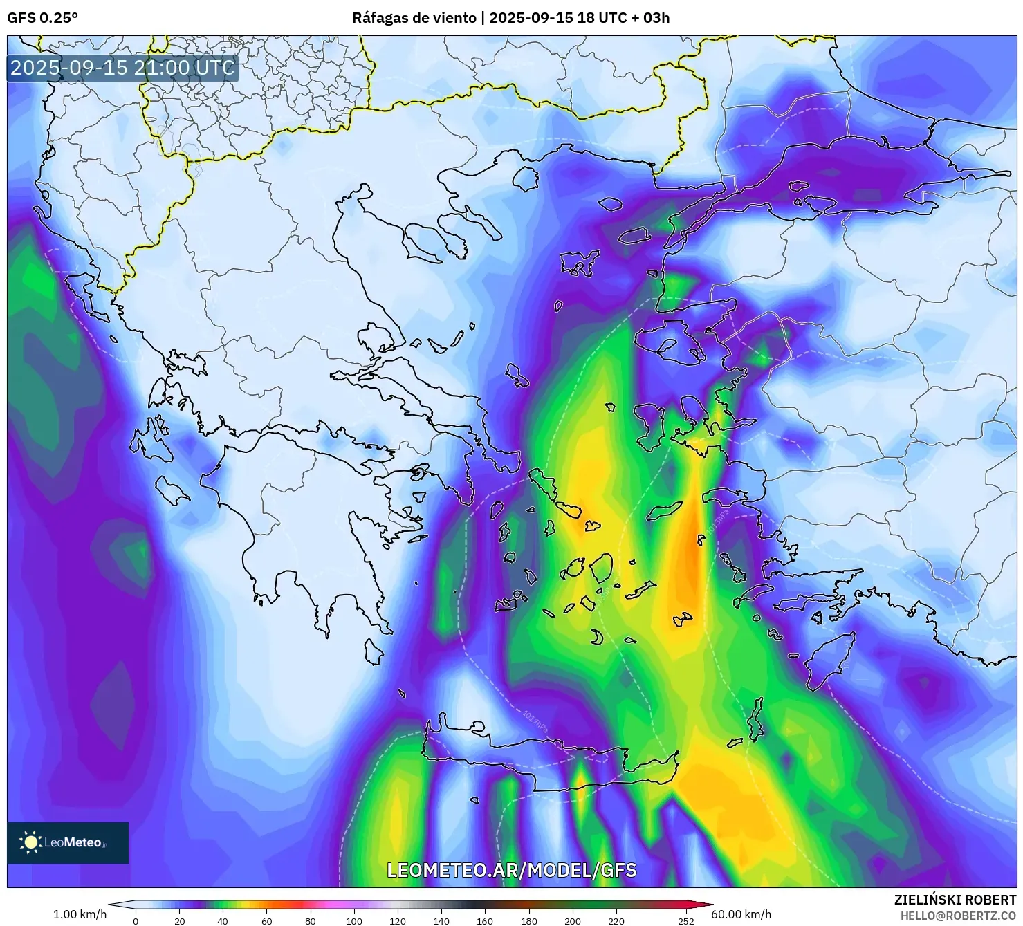GFS model - Grecia, Ráfagas de viento