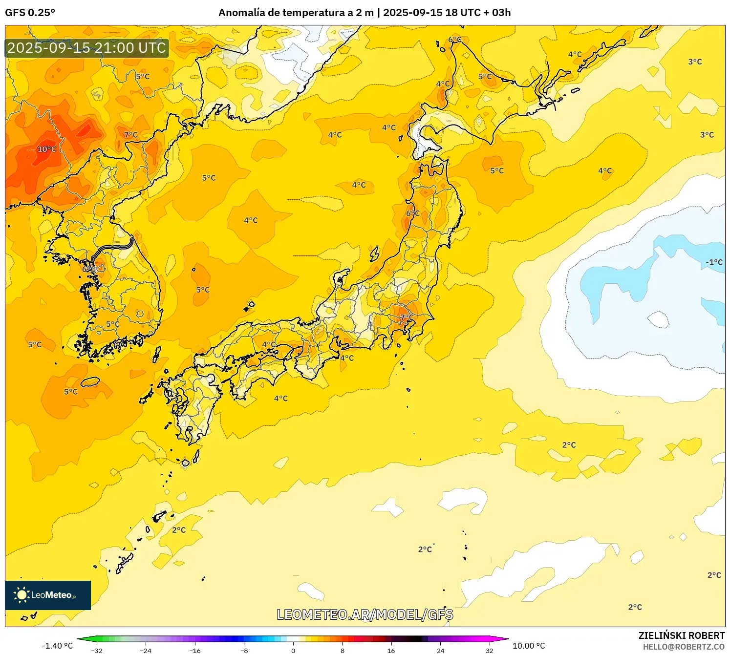 GFS model - Japón, Anomalía de temperatura a 2 m